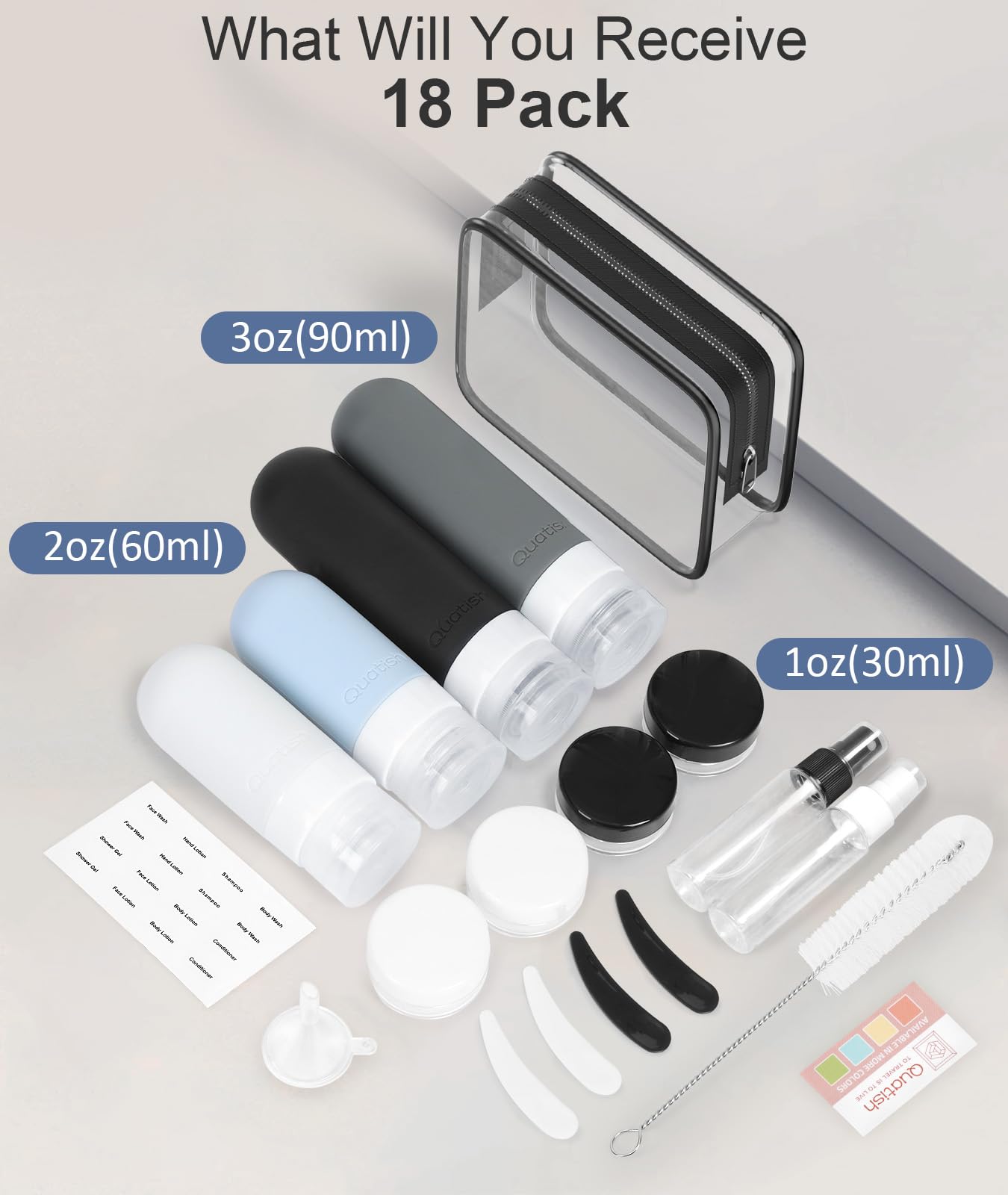 Quatish 18 Pack Travel Bottles for Toiletries, Original Patented, TSA Approved Travel Size Containers, Leak Proof Silicone Shampoo and Conditioner Bottles Women & Men, Airplane Essentials, Grey