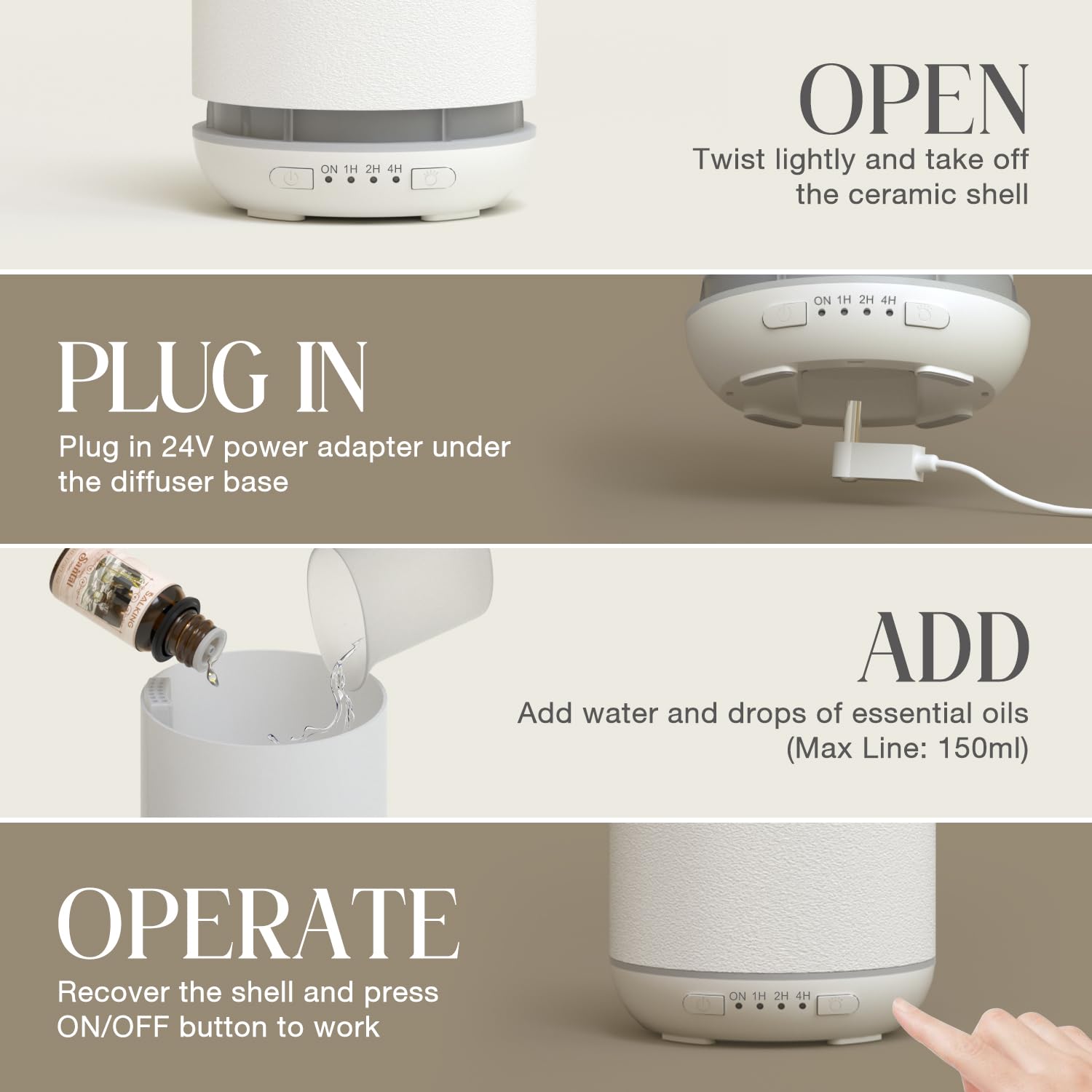 SALKING Aroma Diffuser Keramik Diffusor für Ätherische Öle - Duftöl Duftdiffusor Ultraschall BPA-Frei mit Einstellbarem Nebelmodus, Automatisch Power-Off Leise für Zuhause Büro Yoga 200ML Weiß
