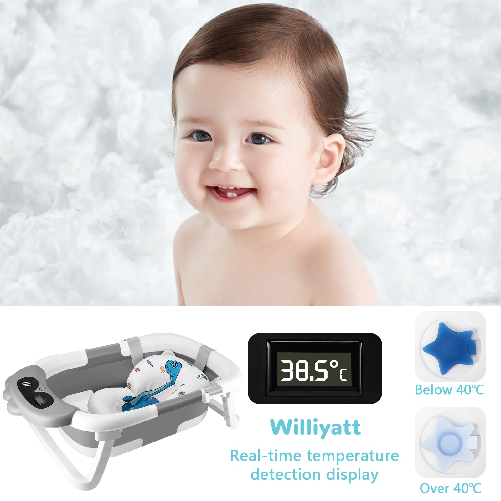 Williyatt Vaschetta da Bagno Pieghevole, Vaschetta Bagnetto Neonato con Indicatore di Temperatura, Vaschetta da Bagno Portatile con Tappetino Antiscivolo, Foro di Drenaggio, per Bambini da 0 a 36 Mesi