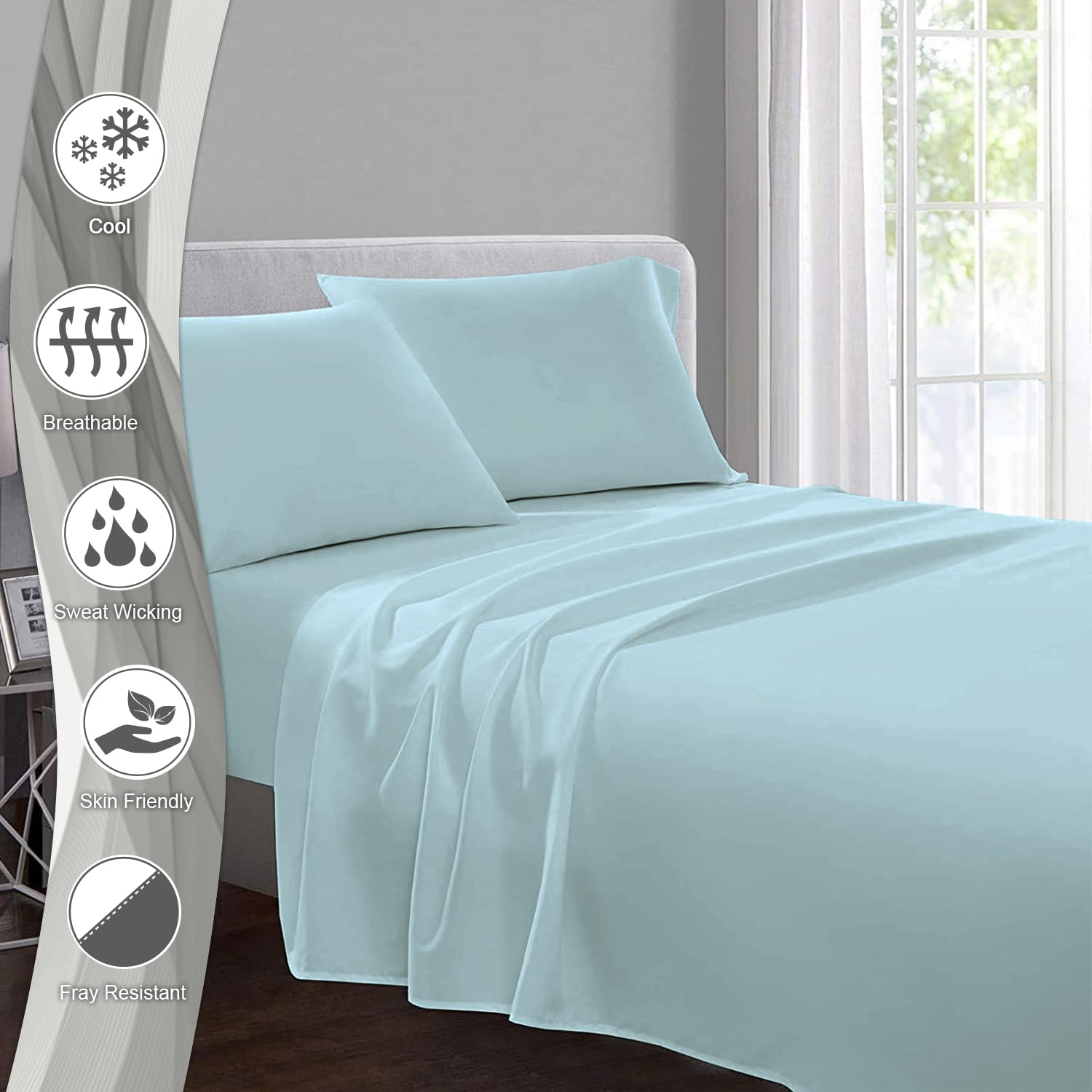 Pizuna Pure Combed Cotton Double Flat Sheet Baby Blue, 600 Thread Count Long Staple Brushed Cotton Flat Sheets Double - Image 2