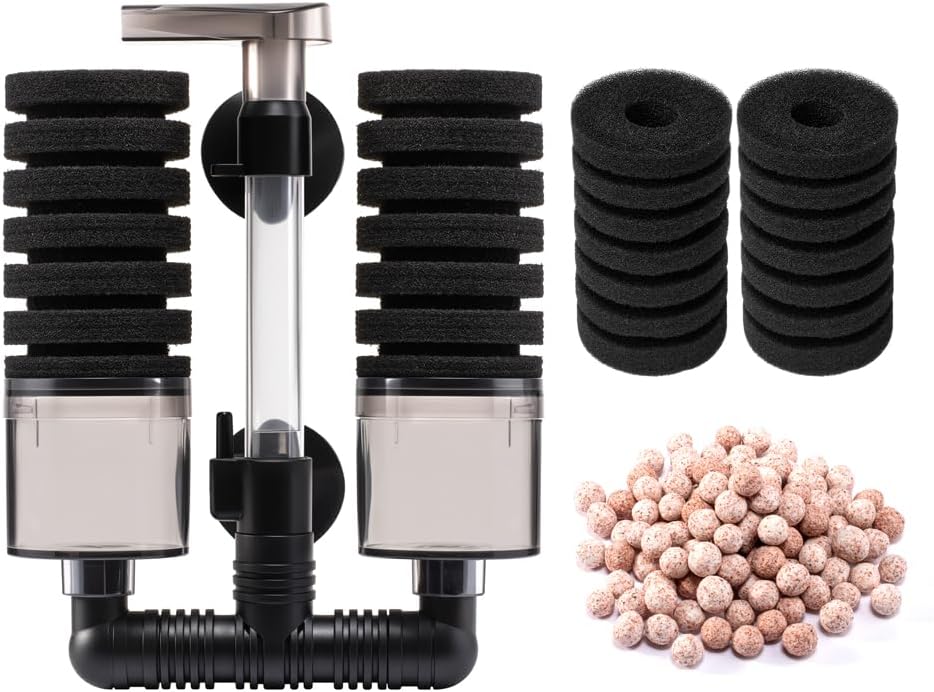 Aquarium Sponge Filter Fish Tank Foam Filter Quiet Submersible Bio Sponge Filter with 2 Spare Sponges and 1 Bag of Bio Ceramic Media Balls