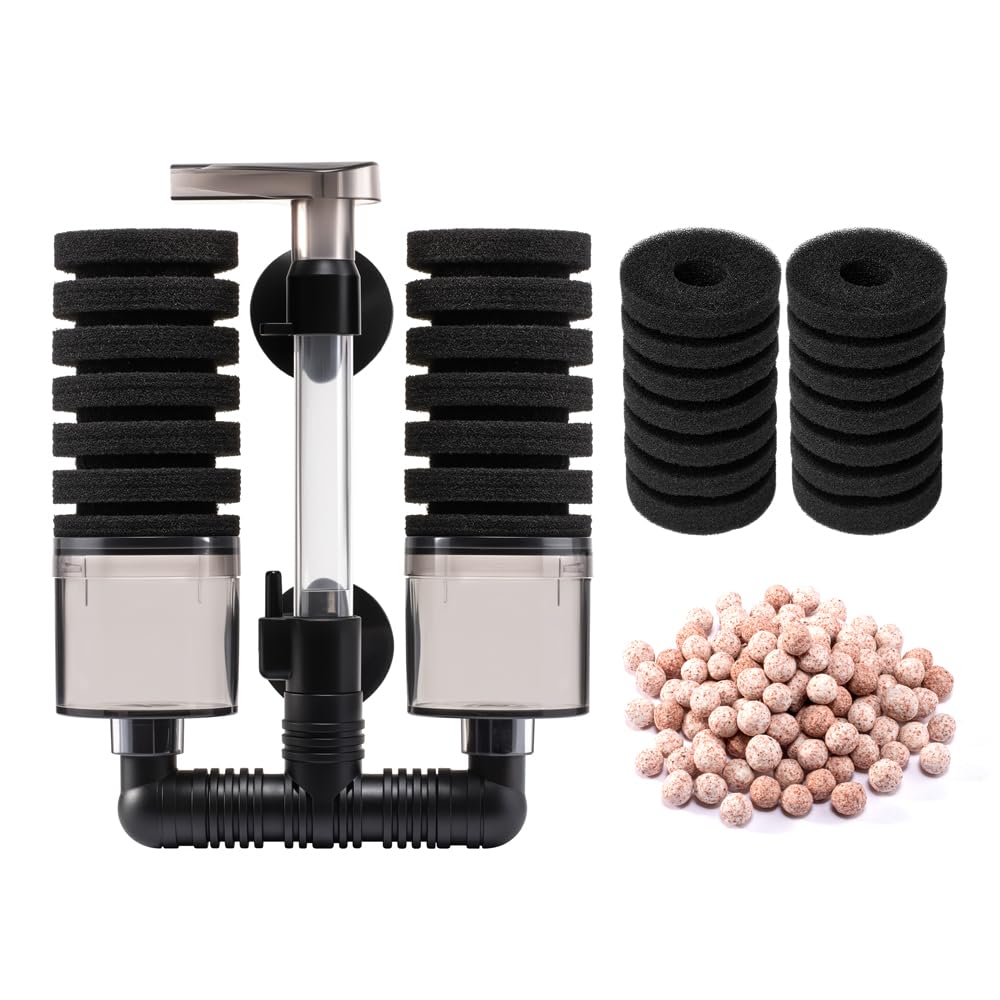 Aquarium Sponge Filter Fish Tank Foam Filter Quiet Submersible Bio Sponge Filter with 2 Spare Sponges and 1 Bag of Bio Ceramic Media Balls