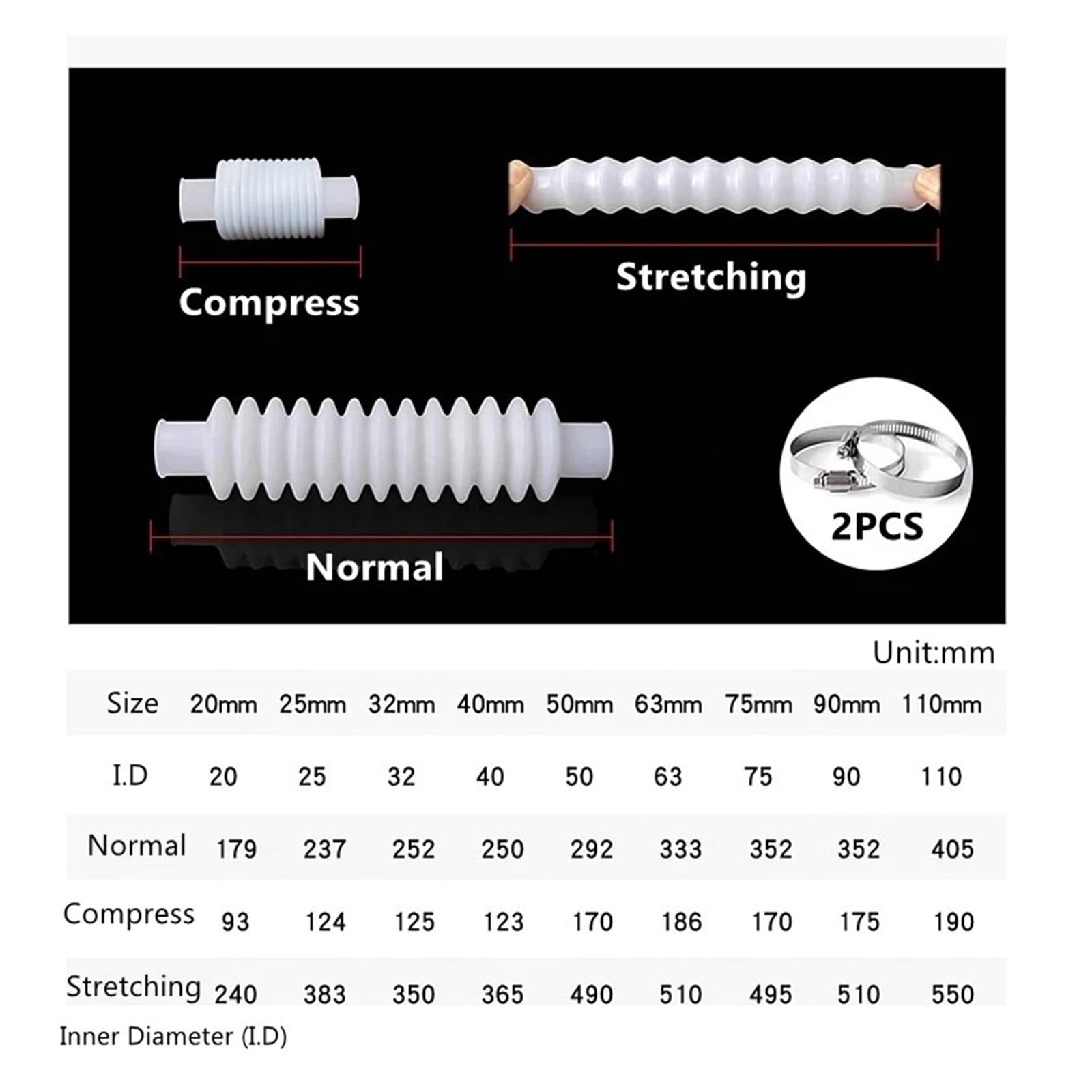 Tubo corrugado de silicona de 20 a 110 mm de diámetro interior, manguera de goma flexible de PVC for expansión y flexión, conexión roscada.(90mm)
