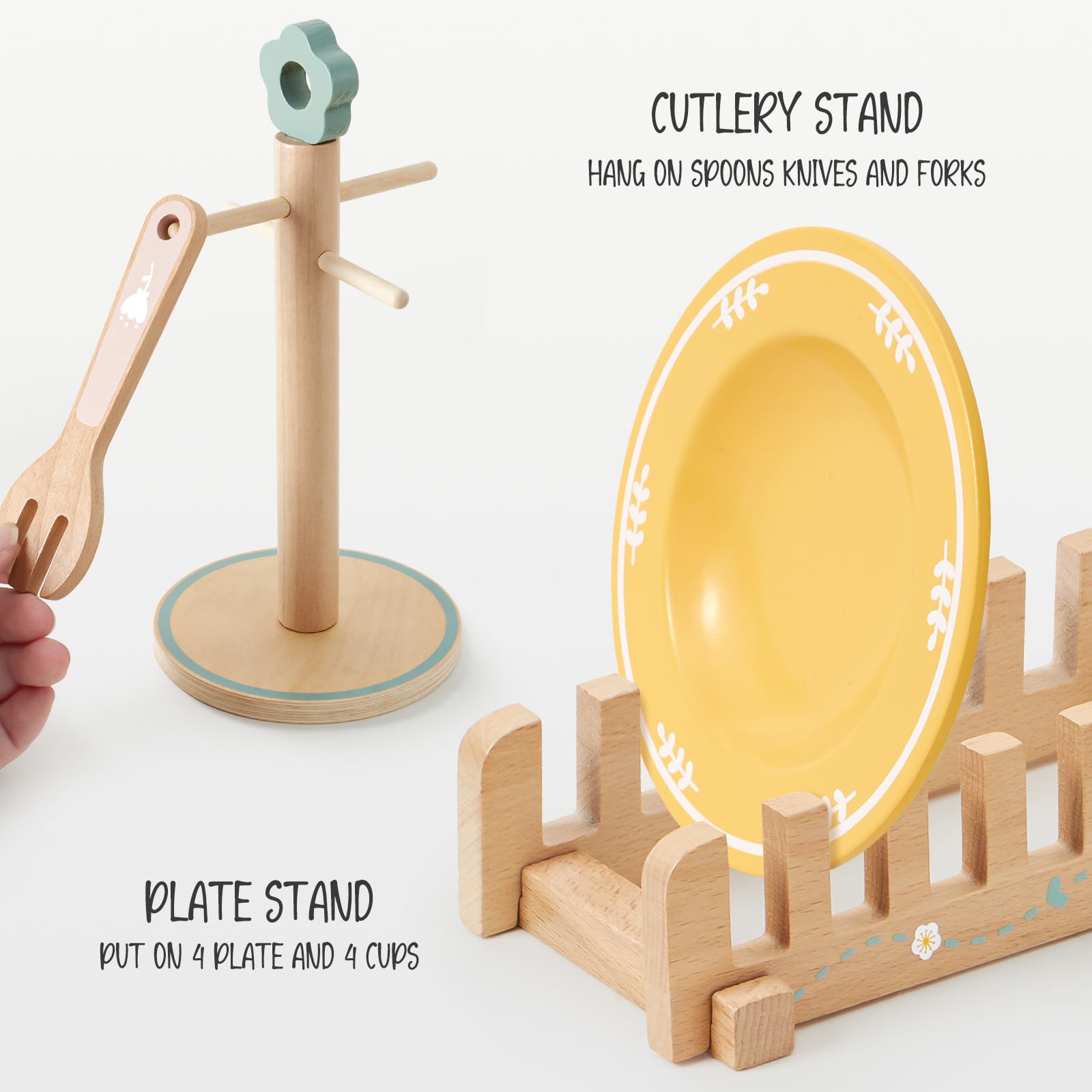 Atoylink Kinderküche Zubehör Holz Geschirr Teeservice Kinder, Geschirrset mit Tassen Teller, Spielküche Zubehör Holz Küchenzubehör Spielzeug Rollenspiel Geschenk für Mädchen Jungen 3 4 5 6 7 8 Jahre