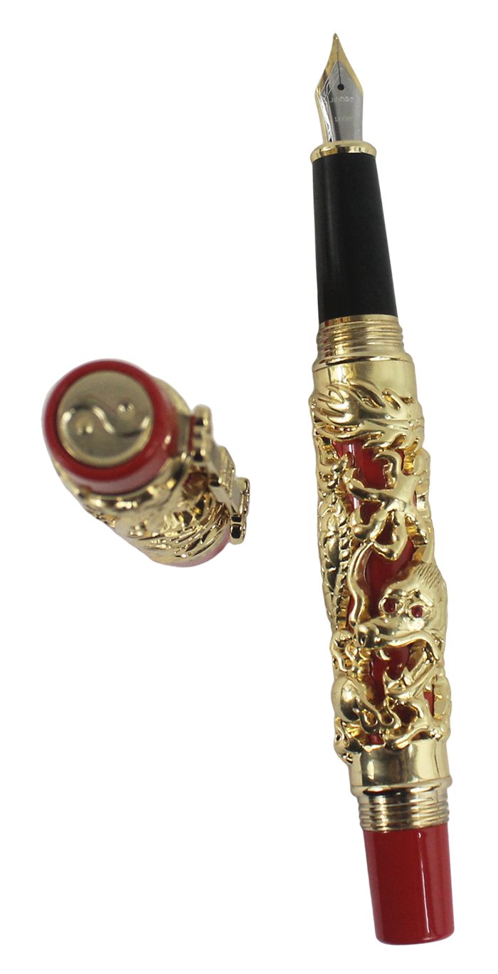 Gullor Edelste Drache und Phönix Füllfederhalter mit PU Leder Feder Beutel und 5 Farbtintenpatrone   Gold und Schwarz