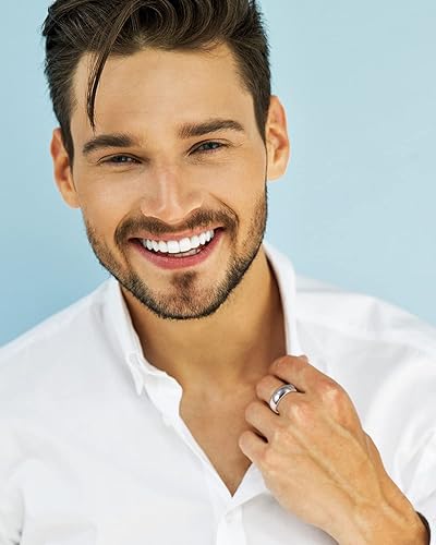 Vista 4 de Fanery Sue Anillo personalizado grabado con nombre para mujeres y hombres, personalizable, apilable, simple, cúpula, parejas, día de San Valentín