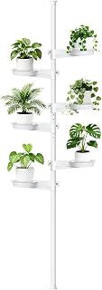 Tension Rod Plant Stand, Plant Poles for Hanging Plants Indoor, 6 Tier Tension Pole Plant Hanger, Floor to Ceiling Plant Pole with 6 Trays Hanging Plant Stand (White)