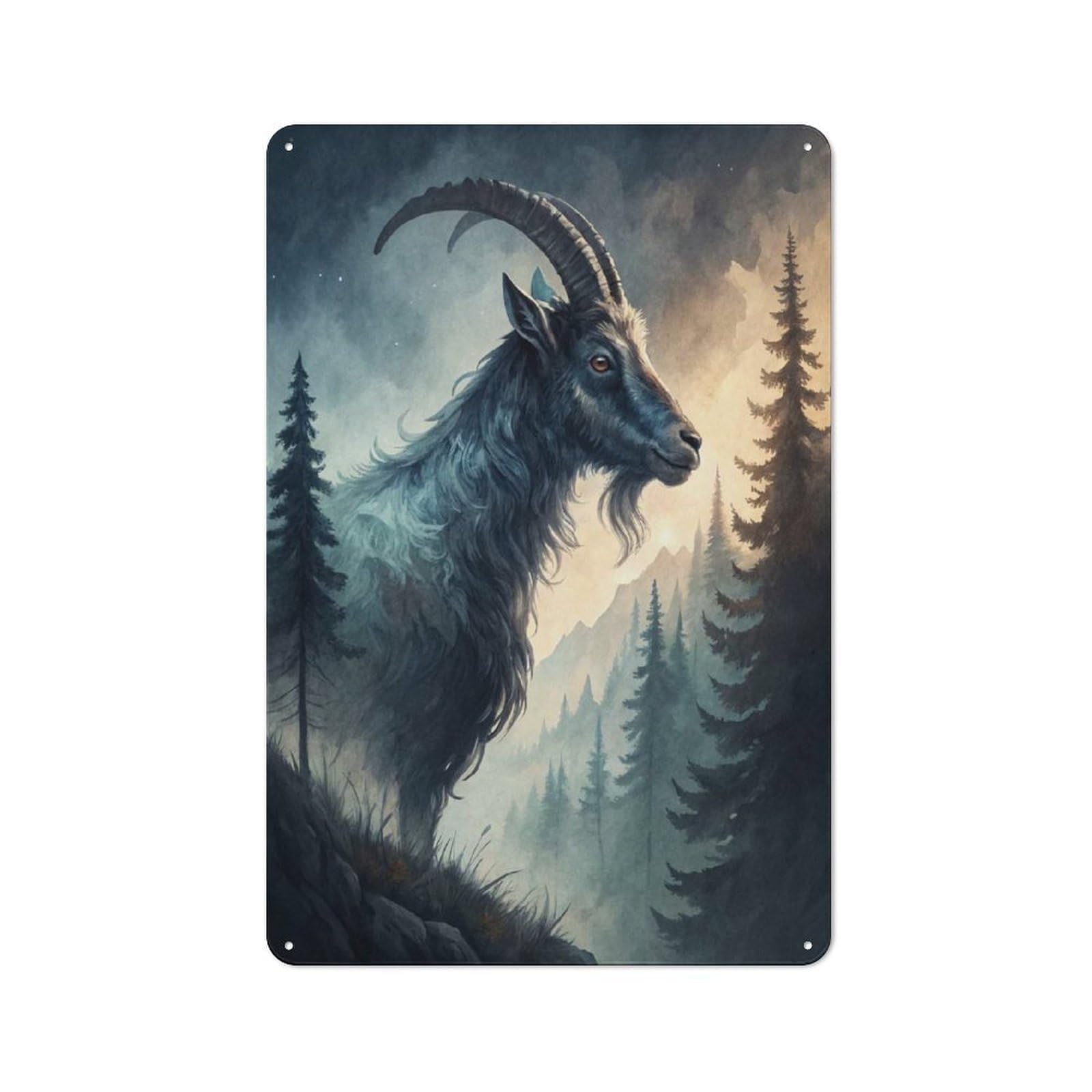 Junmoney Style-16 Majestic Ibex In Misty Mountains Printed Metal Sign 30X20cm For Workshop Wall, Suited To Metal Sign Collectors, For Retro Home Interiors