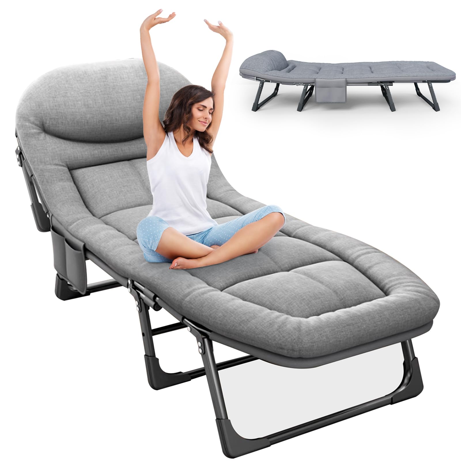 6 Adjustable Positions Lounge Chair Outdoor, Portable & Foldable Chaise Indoor, Folding Cot Bed for Sleeping, Camping, Pool, Patio, Beach (Oversized L-70 in)