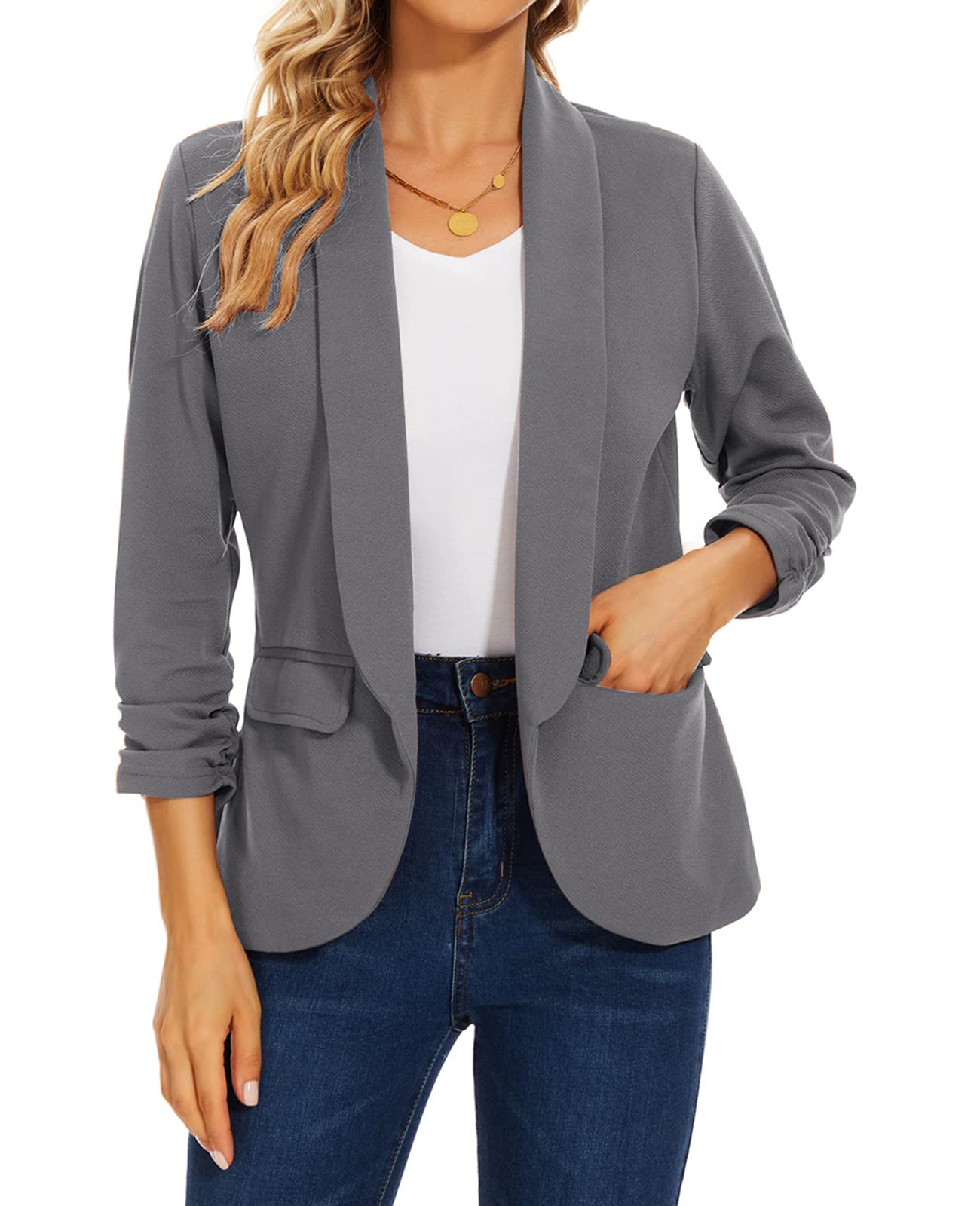 Blazer da donna aperto sul davanti con maniche a 3/4 increspate giacca tuta tinta unita lavoro ufficio top cappotto capispalla tasche con patta