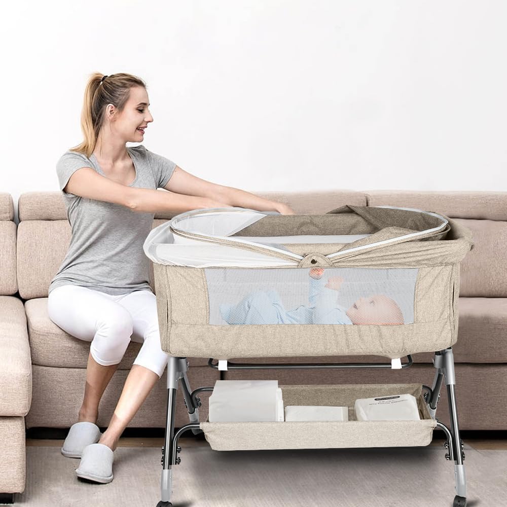 OHMG 3 en 1 Lit Cododo Bébé avec Matelas et Roues,Berceau évolutif,LIT Bebe,Parc Enfant,4 Hauteur Réglable et de l’Inclinaison,Charge 9kg pour 0-5 Mois,104 * 52 * 103-115cm (Blanc cassé)