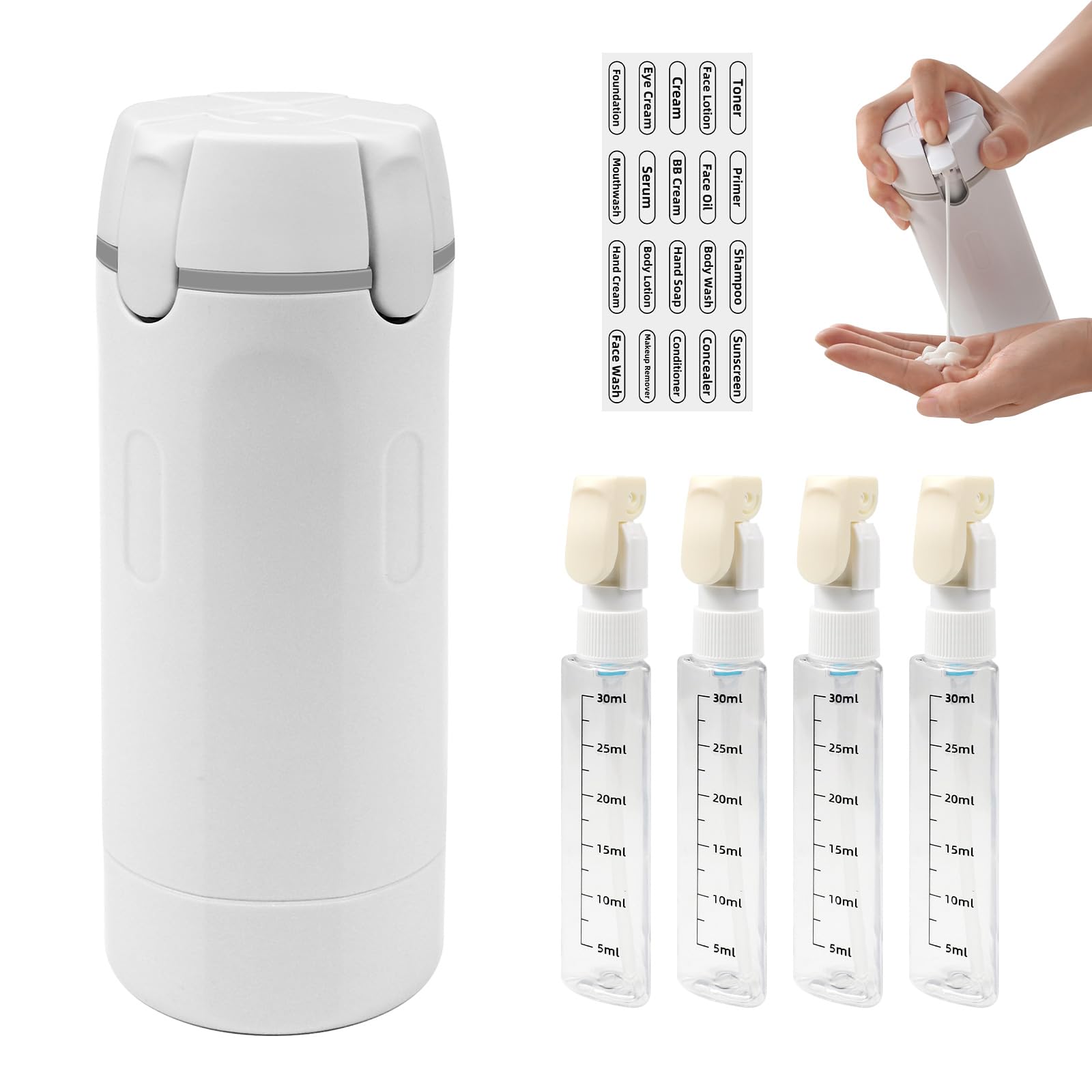4 in 1 Bottiglie da Viaggio, Set Contenitori da Viaggio con Etichette, Bottiglie Ricaricabili per Shampoo, Balsamo, Lozione e Crema, Flaconi Portatili Antiperdita, Kit Viaggio Aereo Bagaglio a Mano