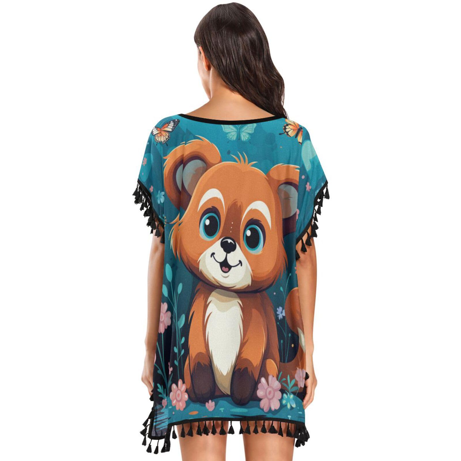 Forest Flower Animals Red Panda Women's Beach Cover Up Chiffon Tassel Swimwear Swimsuit Coverups for Girl