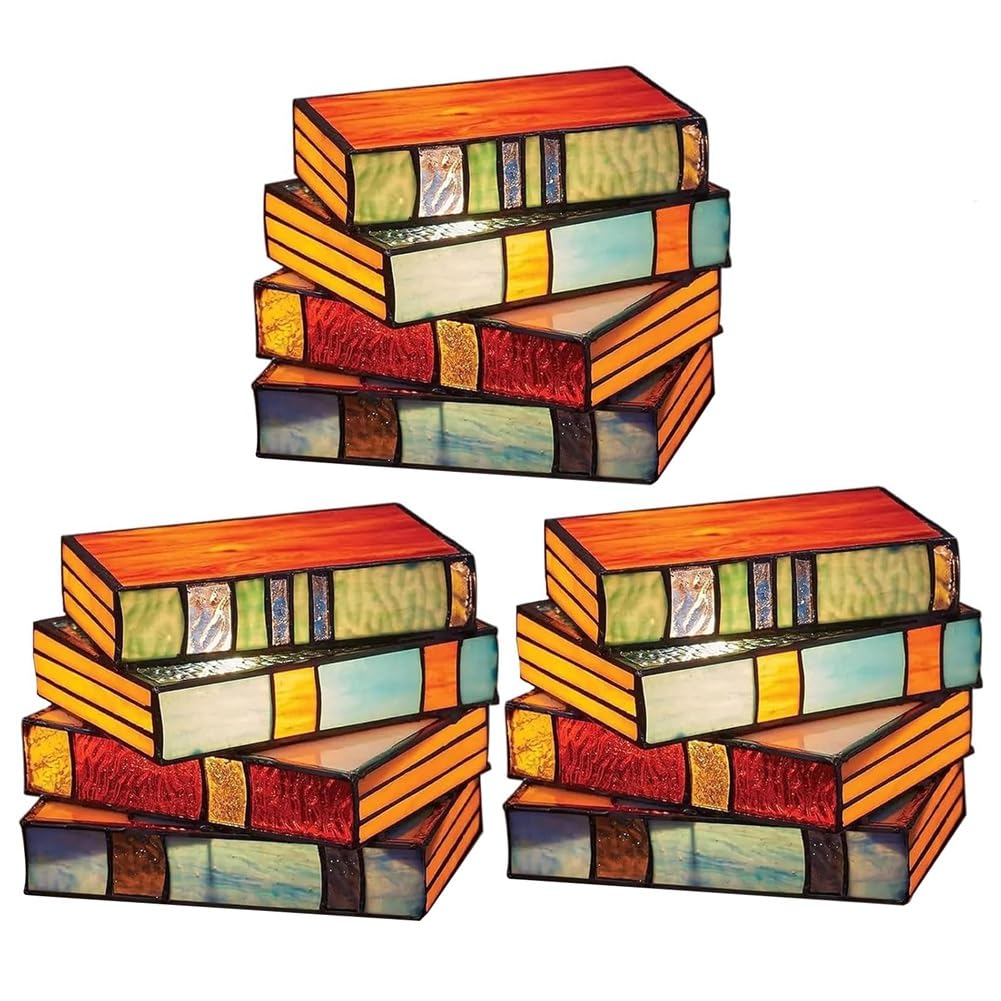 Asuinxurr 3Piece Stained Glass Stacked Books Lamp Stacked Books Glass Lamp Vintage Handcrafted Glass Nightstand Desk Book Lamps Multicolor