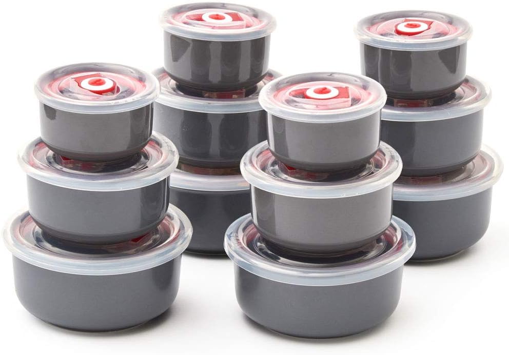 EZOWare Set of 12 Microwaveable Ceramic Bowl Lunch Storage Containers with Air Tight Plastic Lids Ideal for Meal Prep Kitchen Food - 3 Sizes/Gray