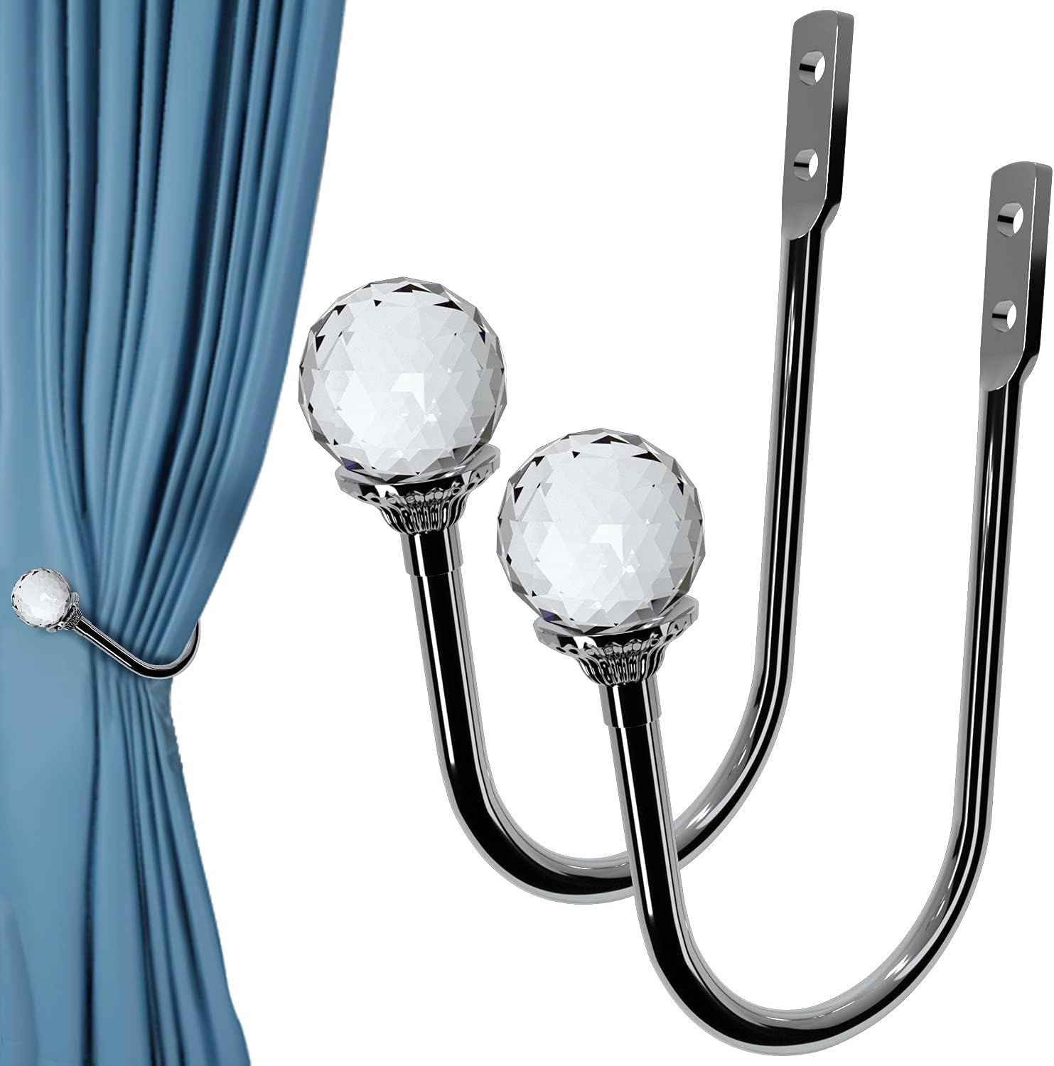 DOPGL Curtain Holdbacks, 2pcs Wall Mounted Curtain Tiebacks with Screw-Mounted Clear Crystal Ball, Curtain Holders, Heavy Duty Metal Drapery Tiebacks for Home Decor(Screws Included)