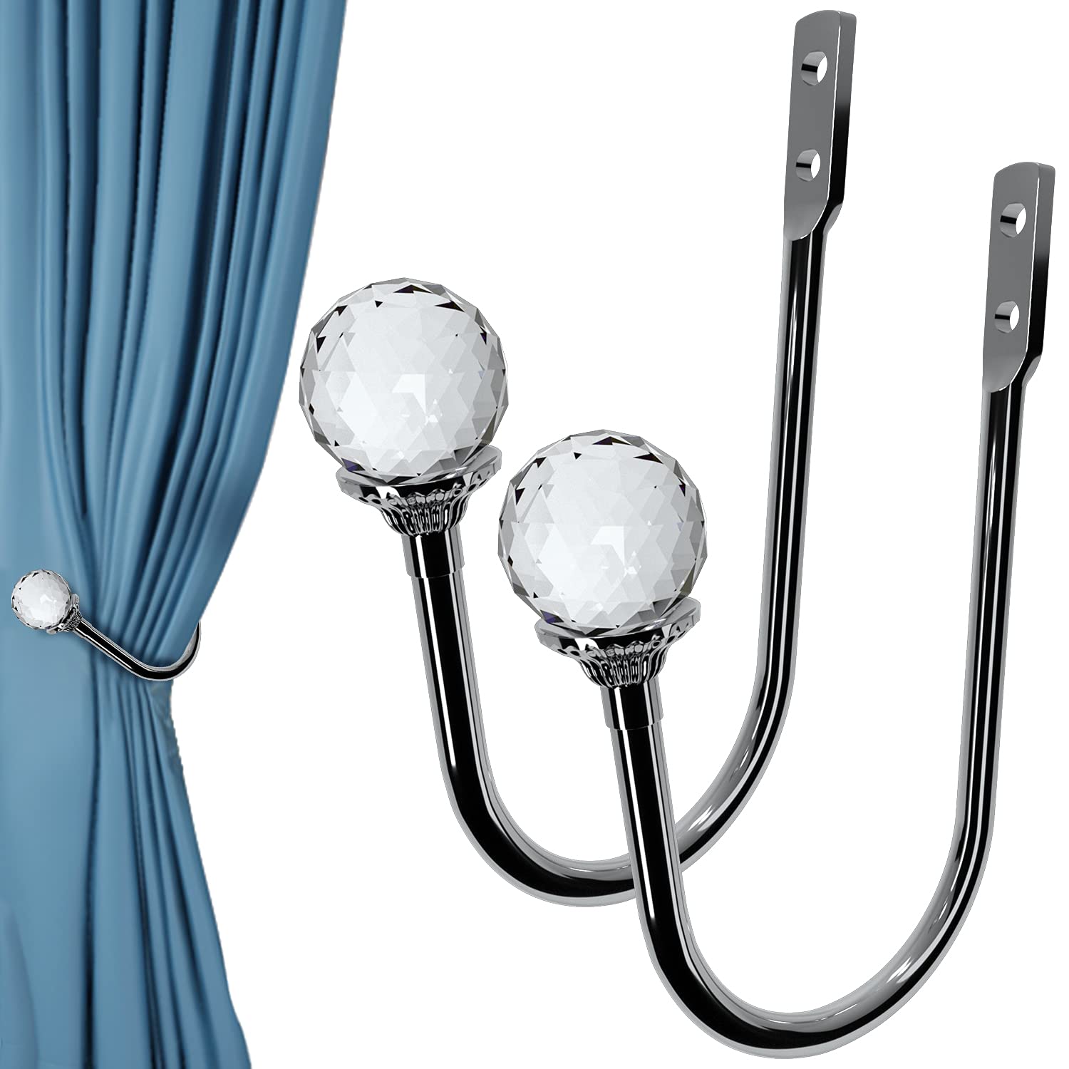 DOPGL Curtain Holdbacks, 2pcs Wall Mounted Curtain Tiebacks with Screw-Mounted Clear Crystal Ball, Curtain Holders, Heavy Duty Metal Drapery Tiebacks for Home Decor(Screws Included)