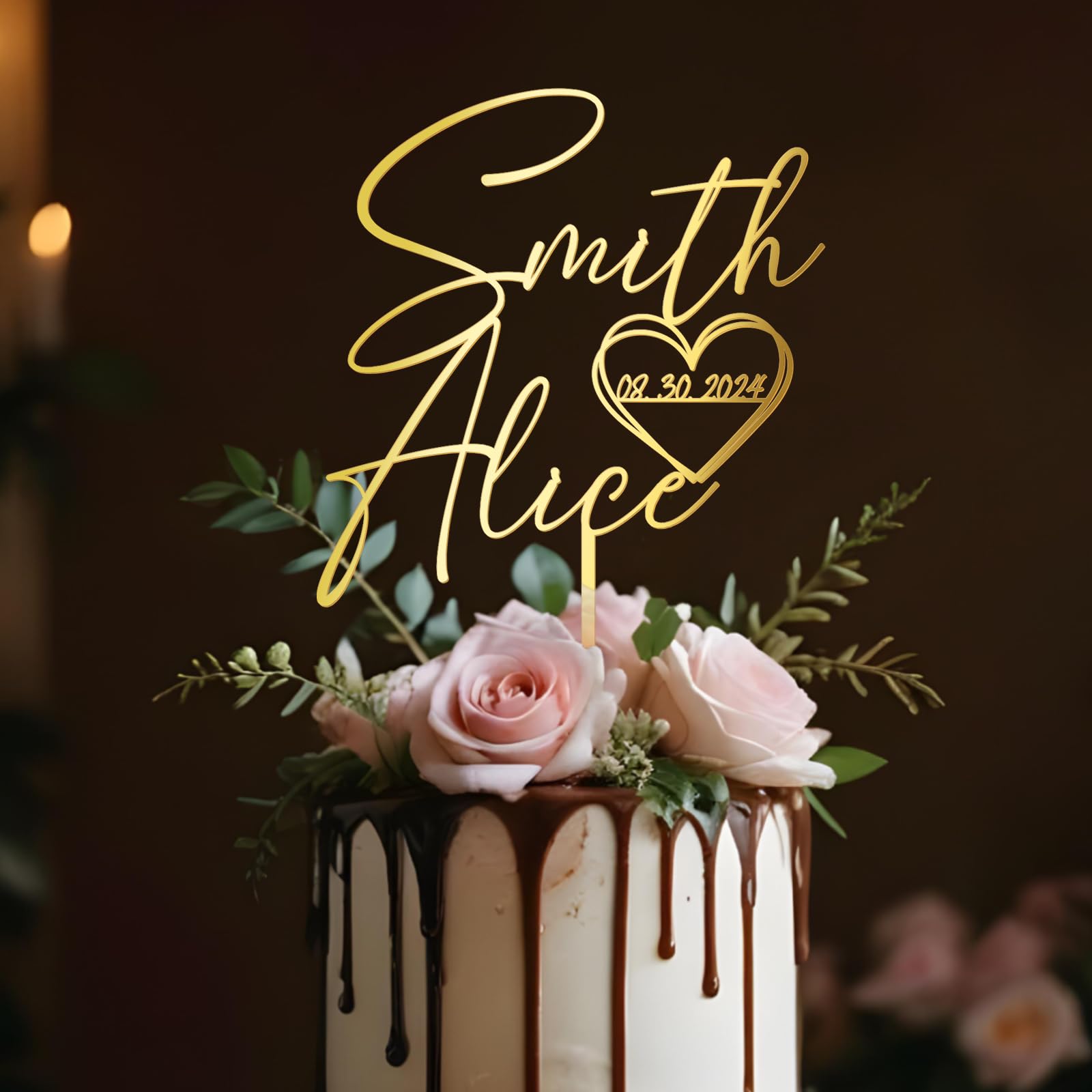 Party to Be Wedding Cake Topper Custom Bride & Groom's Names and Wedding Date in Heart Personalized Cake Decoration in Acrylic