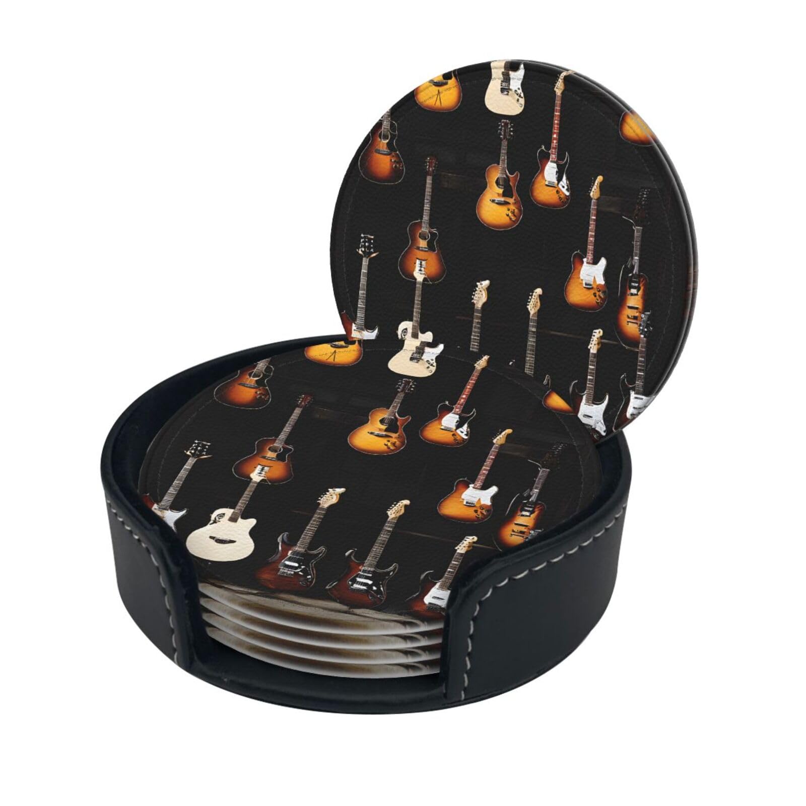 Guitars Print Coaster,Round Leather Coasters with Storage Box for Wine Mugs,Cold Drinks and Cups Tabletop Protection (6 Piece)