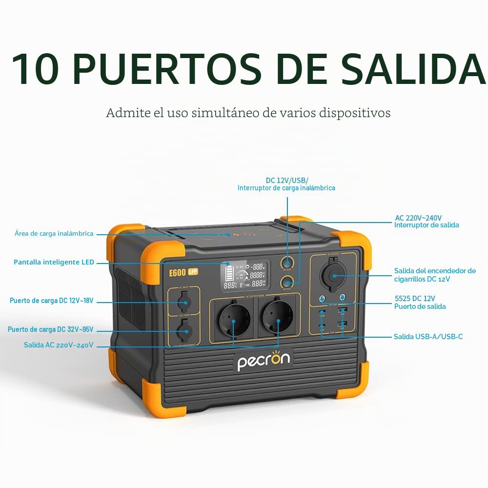 pecron Generador solar portátil E600LFP, 614 Wh LiFeP04 batería 1200 W AC salidas generador de corriente para viaje/camping/actividades al aire libre/emergencia (E600LFPEU)