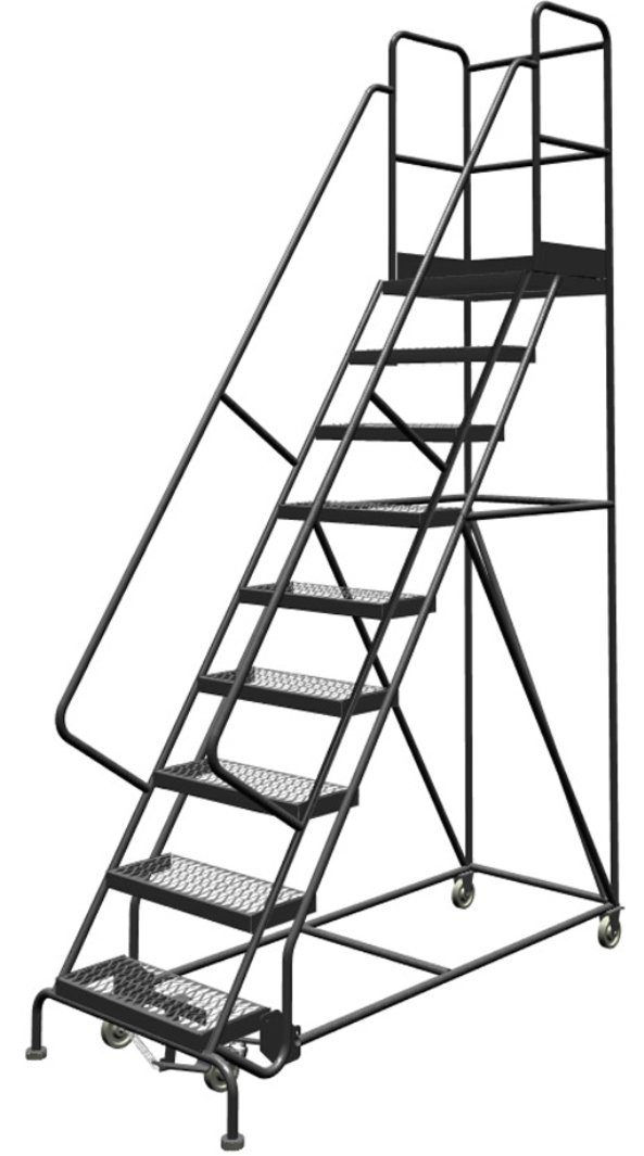 Tri-Arc KDSR109242-D2 9-Step 20" Deep Top Steel Rolling Industrial & Warehouse Ladder with Handrails, 24" Wide Grip Strut Tread