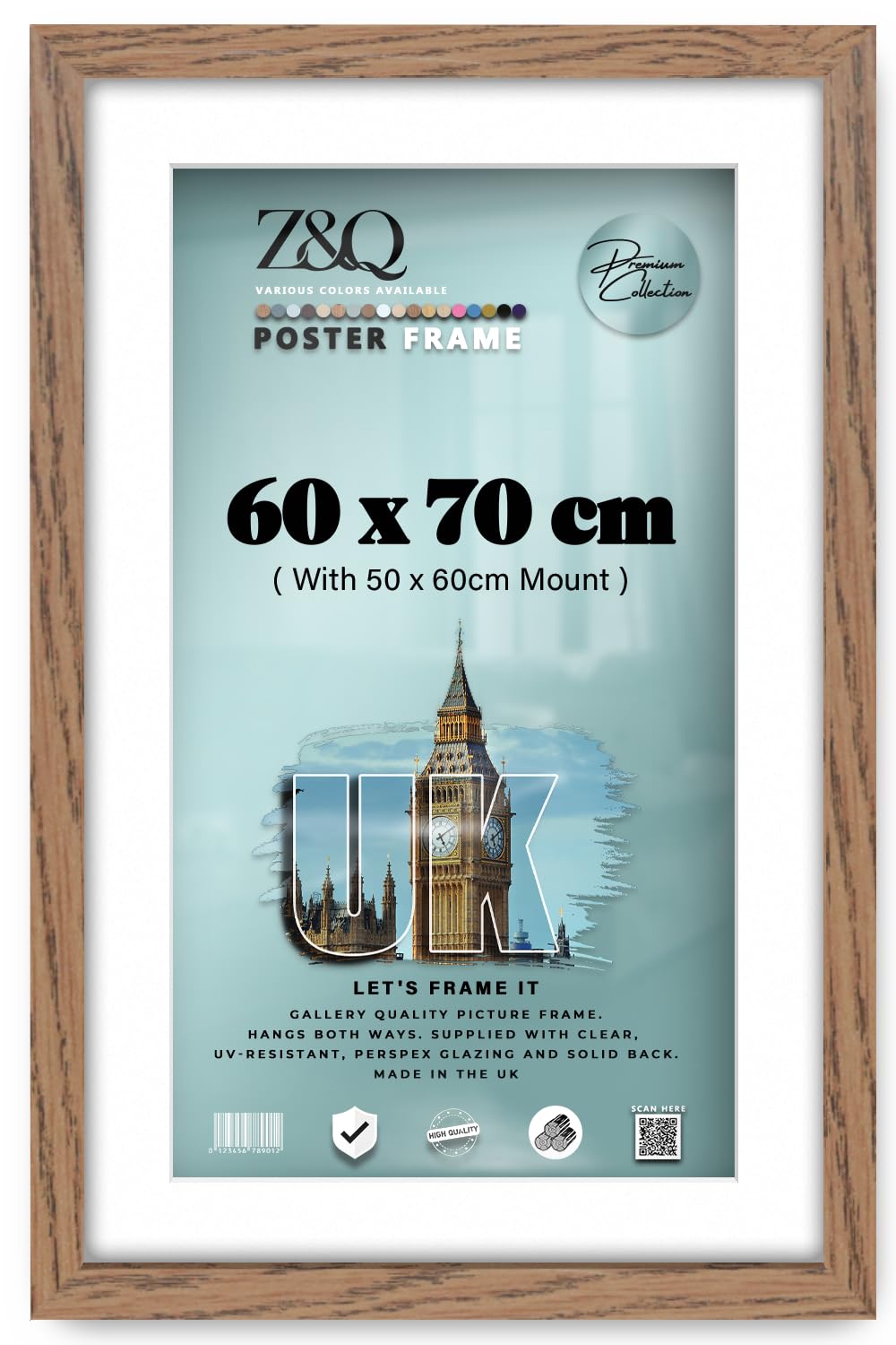 Z&Q - Classic MDF Wood (60 x 70 cm) Poster/Picture Frame with 60 x 50 cm White Mount Ideal for Art Display 28 x 24 Inch Frame for Wall Gallery Art and Room Décor [ Dark Oak ]
