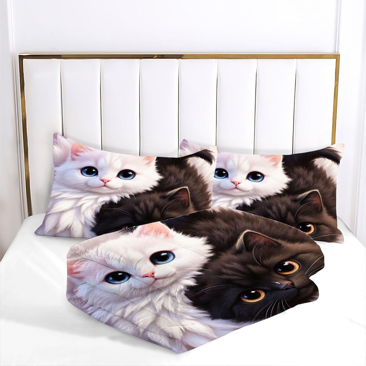 Ensemble Lit Complet 160x200 cm Chat Noir et Blanc, Housse en Microfibre Imprimée et Duvet Coton 4 Saisons, Comprend 2 Taies, Excellence et Qualité Supérieure, Chaud et Respirant N126
