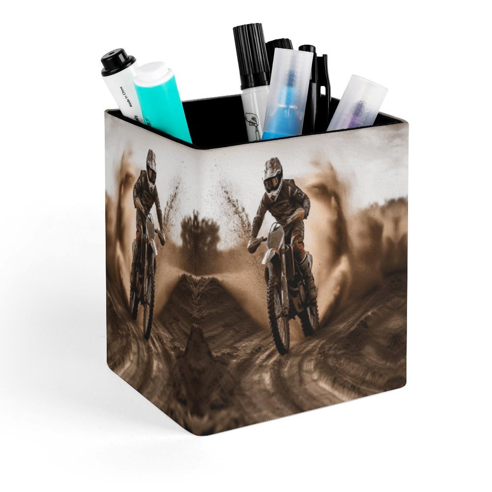 VstaDank Motocross Pen Holder Square Pencil Holder Leather Pencil Cup Pen Organizer Makeup Brush Holders Pen Cups Desktop Stationery Organizer for Home Office Desk Organizers