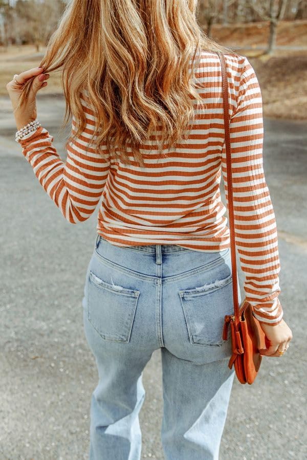 Image of Melliflo Womens Long Sleeve Mock Neck Striped Shirt Casual Cute Color Block Knit Tops Trendy Fall Fitted Basic Outfits