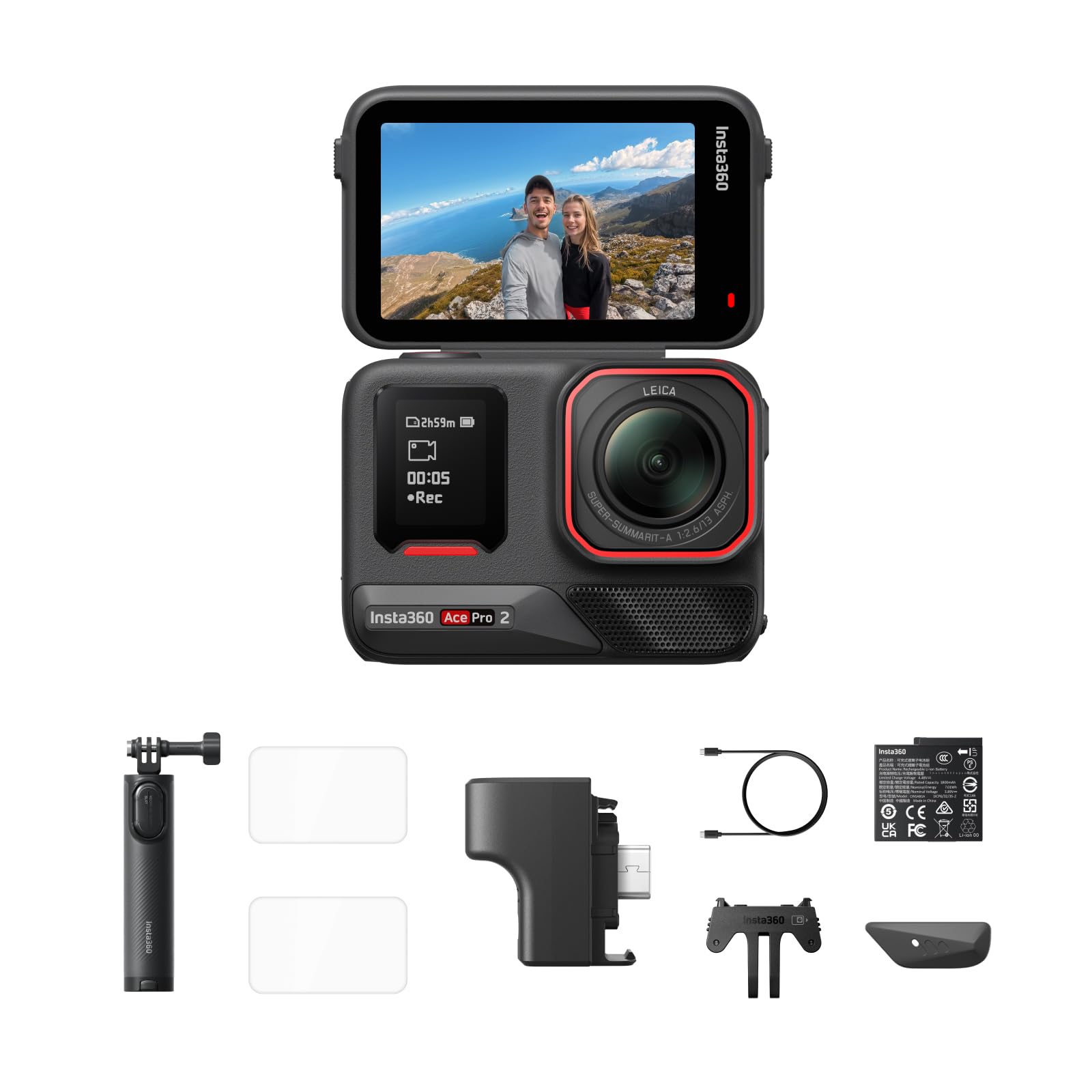 Insta360 Ace Pro 2 Pack Starter(1x Batteria) - Action cam impermeabile 8K progettata con Leica, sensore da 1/1,3", doppio chip IA, alte prestazioni in scarsa luce, schermo direzionale 2,5" per vlog