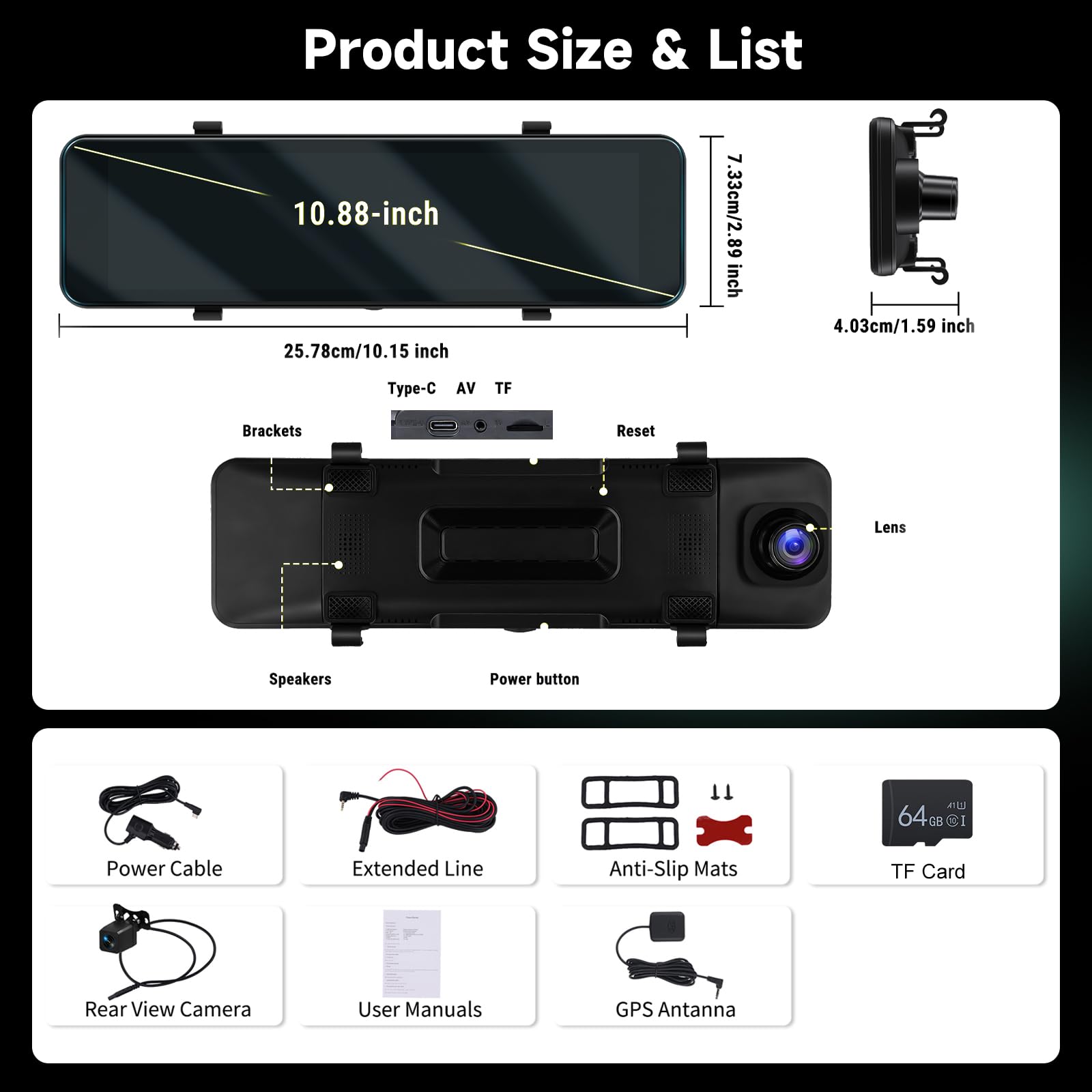 Hodozzy Dashcam Espejo Retrovisor 4K Frontal y 1080P Trasera, GPS ADAS BSD WiFi y App, Pantalla Táctil 10,88 Pulgadas Cámara Coche con Modo Aparcamiento, Sensor G, Loop, Visión Nocturna, Tarjeta 64GB