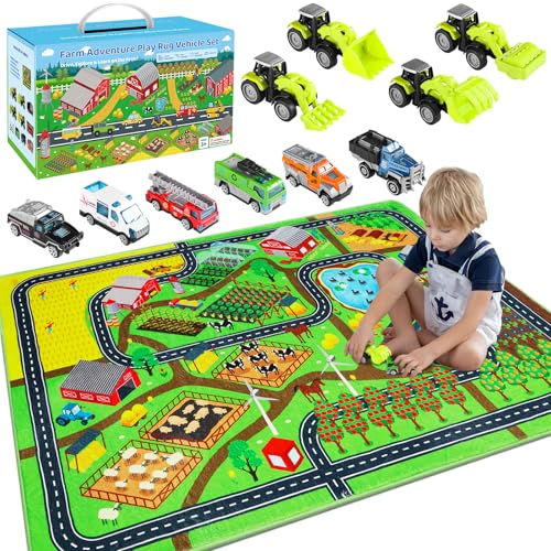 Farm Road Play Rug Gift Set for Kids Kids Traffic Carpet with 10 Toy Vehicles Construction Trucks & Community Cars Educational Pretend Play Mat for Playroom 33 x 5