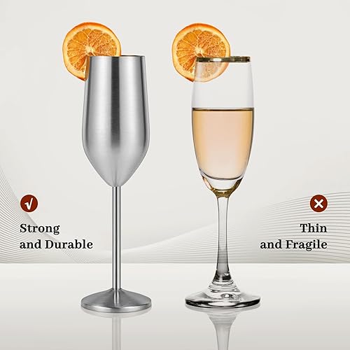 Miniatura 6 de Lifecapido Paquete de 4 copas de champán de acero inoxidable, copas de champán irrompibles de 8 onzas, elegantes copas de champán de acero