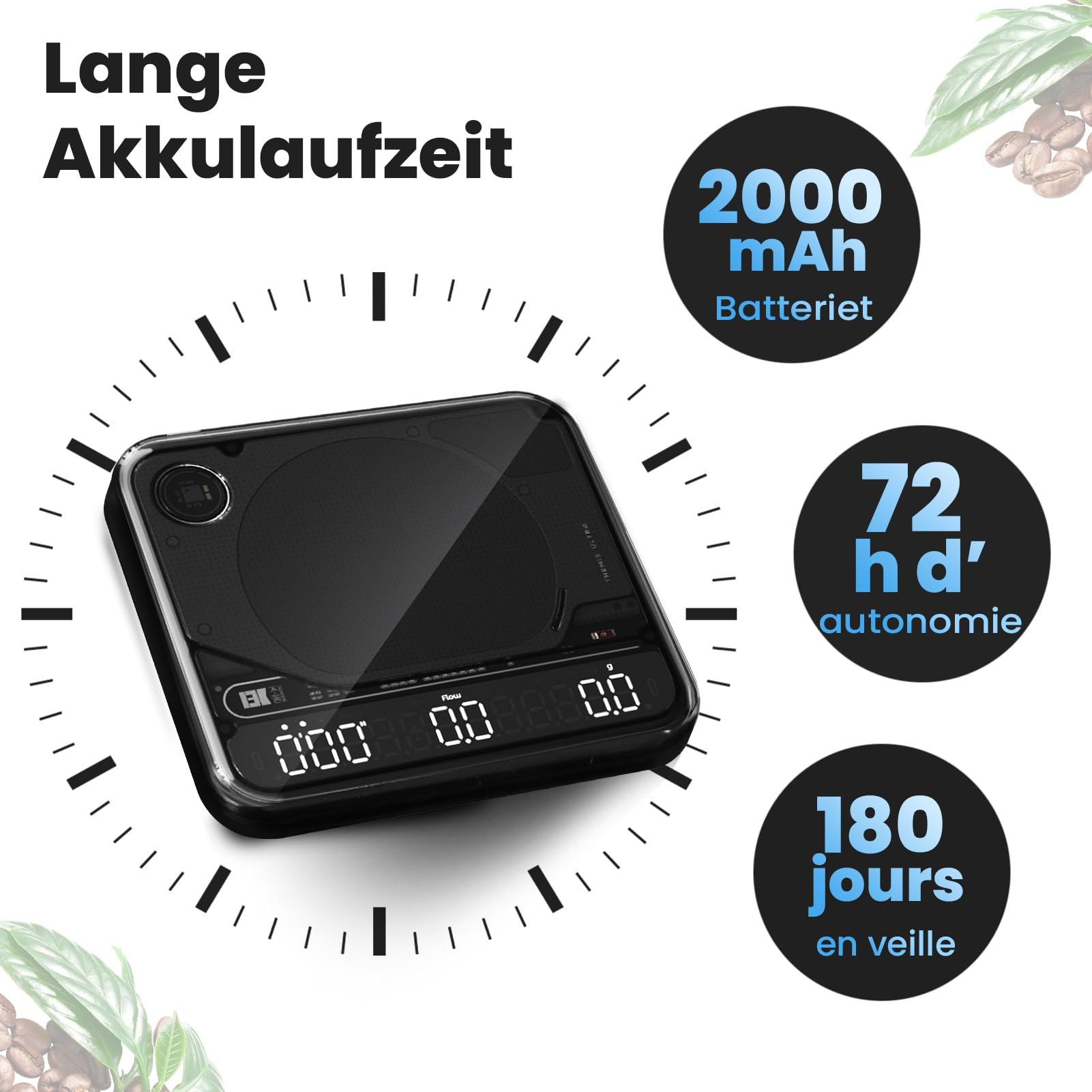 BOOKOO Balance à Café avec Minuterie, Balance Expresso 0,1 g, 2000 g, 4 Modes, Bluetooth avec Application, Suivi du Débit, IP67, Batterie 2000 mAh jusqu’à 72 h, USB-C, pour Expresso & Pour Over, Noire