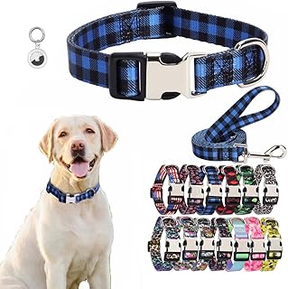 Dog Collar and Leash Set, Durable Soft Quick Release Puppy Pet Cat Collars with Metal Buckle,Adjustable for XSmall Small Medium Large XL Girl Boys Plaid Blue L
