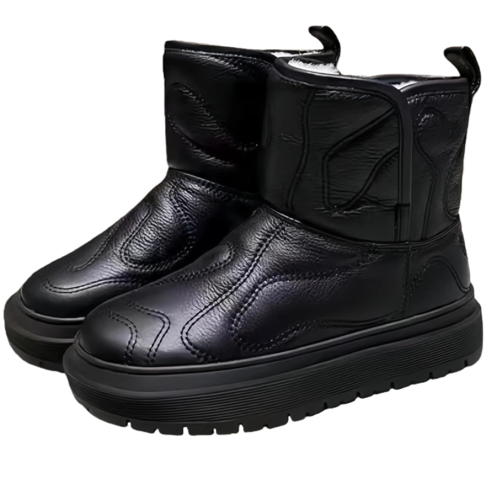 Chic Comfort Snow Boots for Women Slip-on Round-Toe Genuine Leather Casual Shoes Ankle High Warm Fur-Lined Irregular Stitching