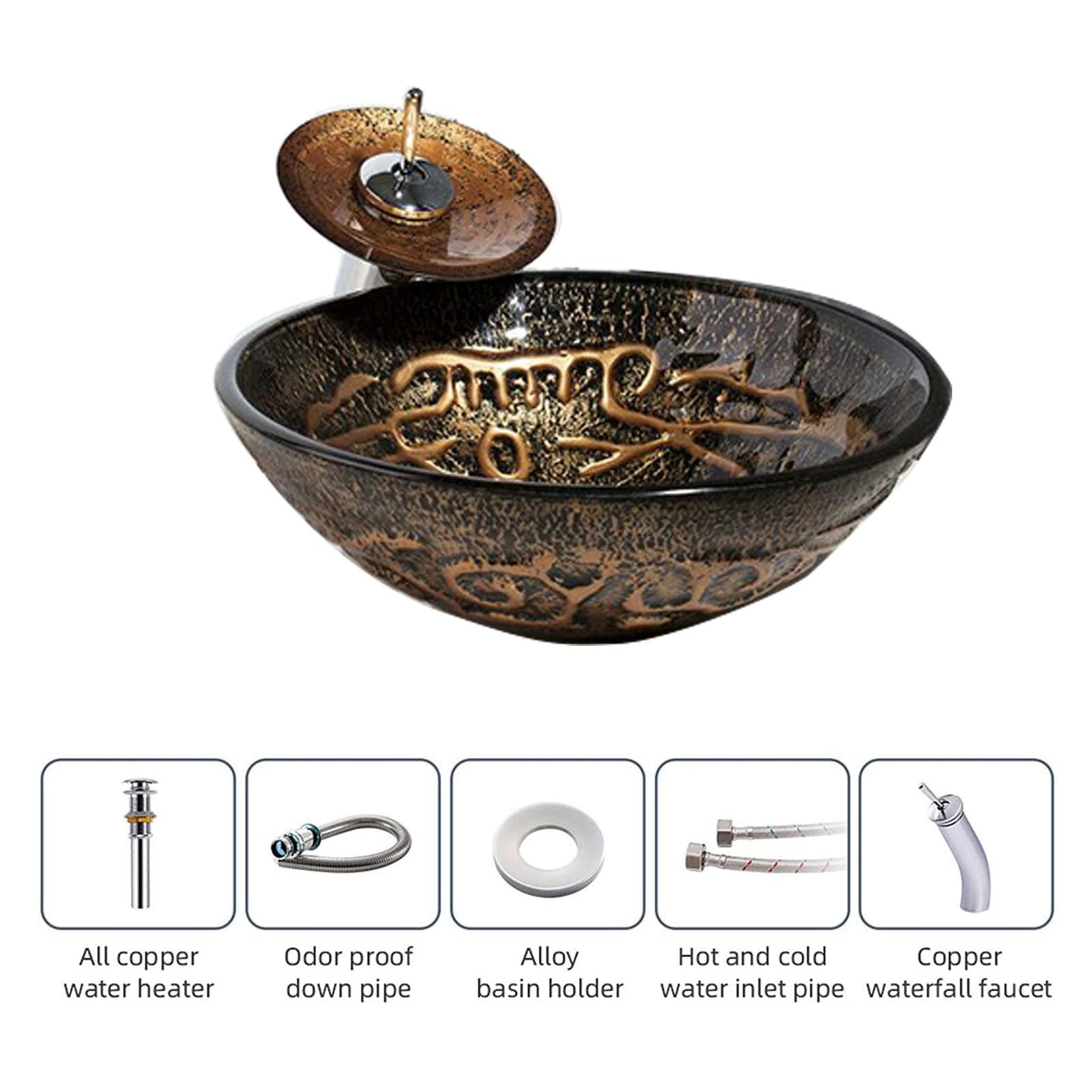 Lavandino rotondo in vetro dipinto a mano con rubinetto a cascata e scarico pop up per bagno vanità, design artistico sopra il bancone