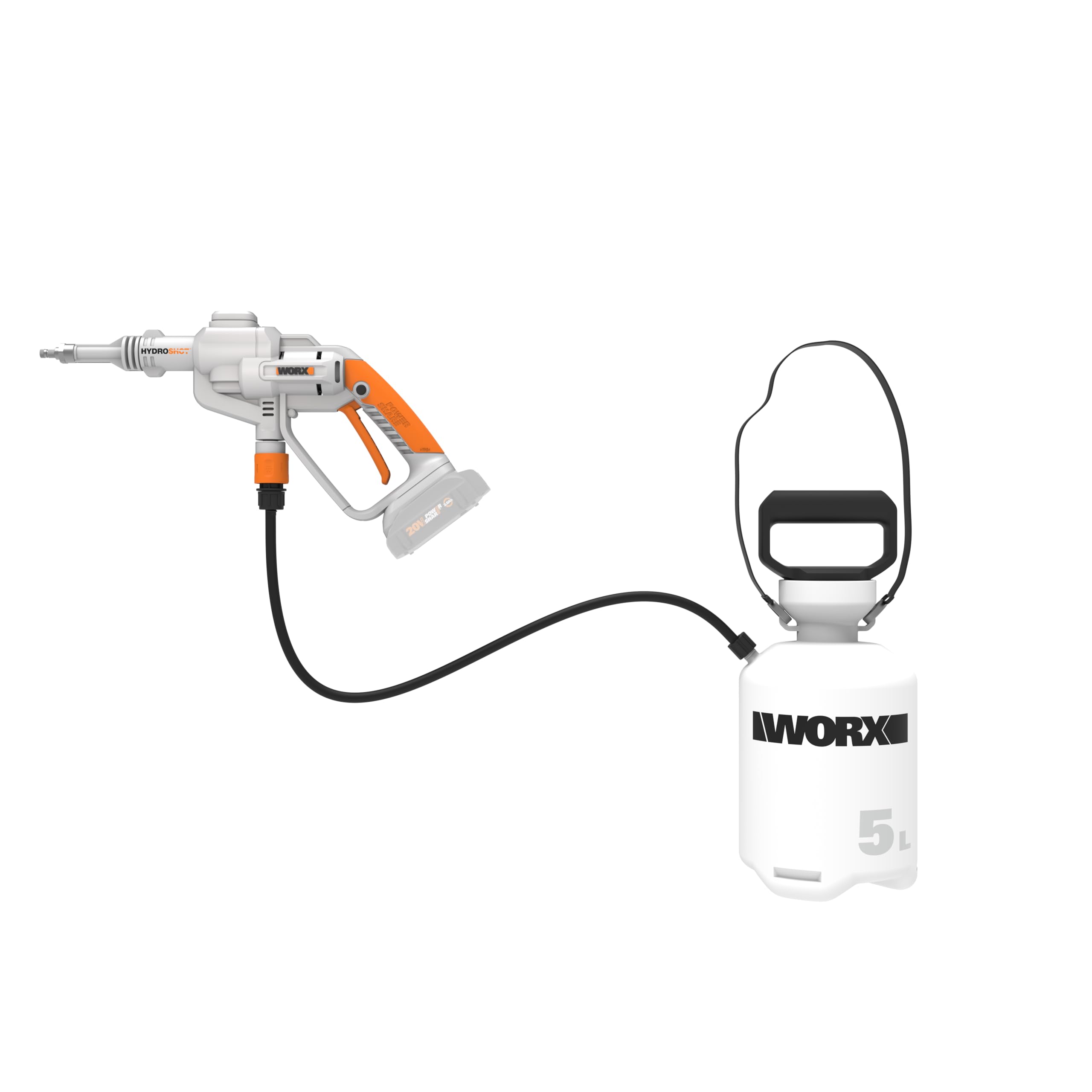 WORX WP651E Hydroshot akumulatorowy opryskiwacz ciśnieniowy 20 V z delikatną mgiełką i zbiornikiem na ramię 5 l – w zestawie akumulator 2 Ah i szybka ładowarka – kompatybilny z PowerShare