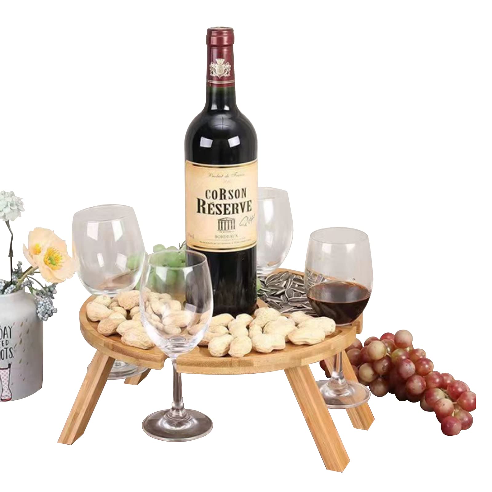 Knownyou Portable Wine Picnic Table,Foldable Wooden Cheese Fruit Snack Table for Fishing Camping Beach Park