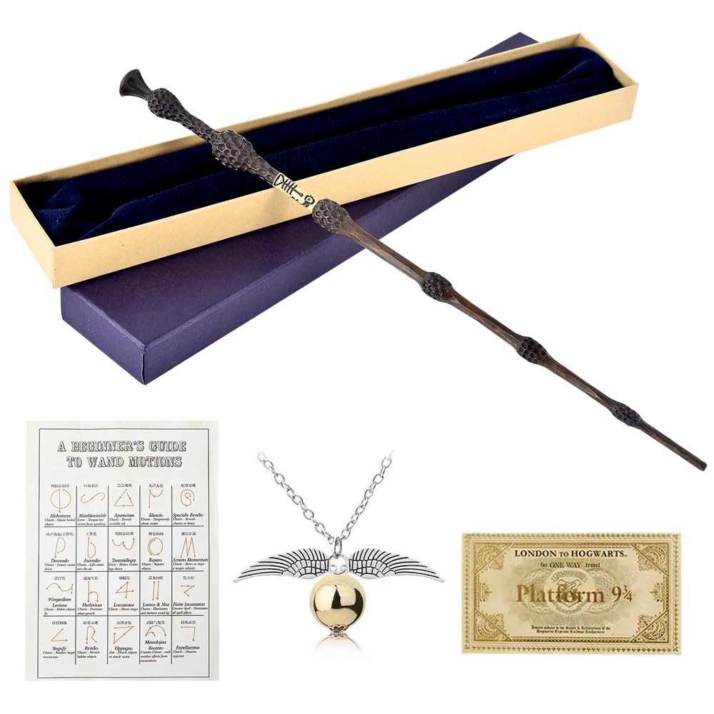 Bacchetta Dumbledore, 35CM Bacchetta di Sambuco in Acciaio e Resina, Dumbledore Bacchettas in Confezione Regalo con Carta Incantesimo, Biglietto Stazione e Collana