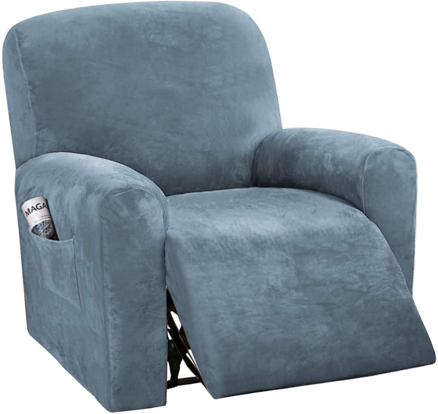 XDKS Luxury Velvet Recliner Cover with Pockets Couch Cover Style Thick Soft Anti Slip Reclining Sofa Covers Furniture Protector Washable (Stone Blue)