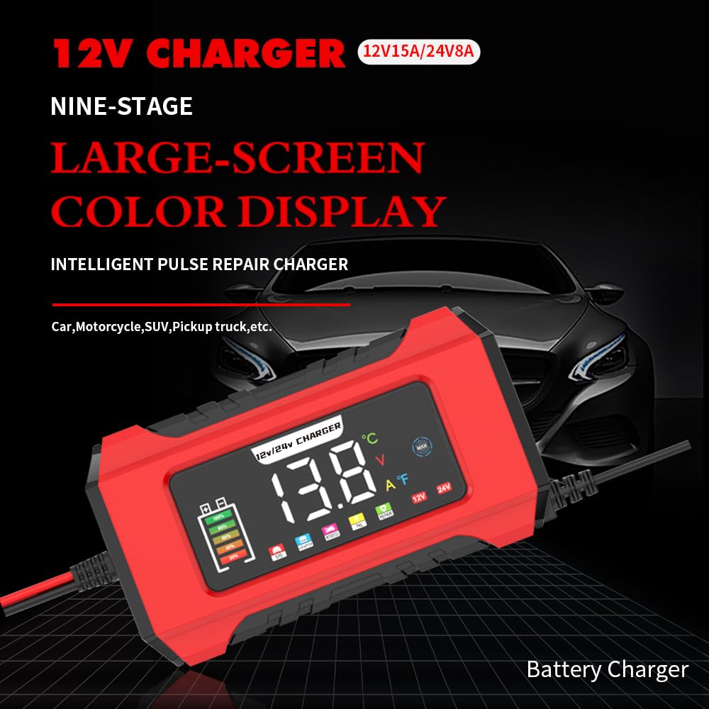 24V 8A/12V 15A Autobatterieladegerät, 2 In 1 LiFePO4 Vollautomatische KFZ Batterieladegerät, Erhaltungsladegerät und Desulfator mit 4 Lademodi für Auto LKW Motorrad Rasenmäher Boot Marine Batterien