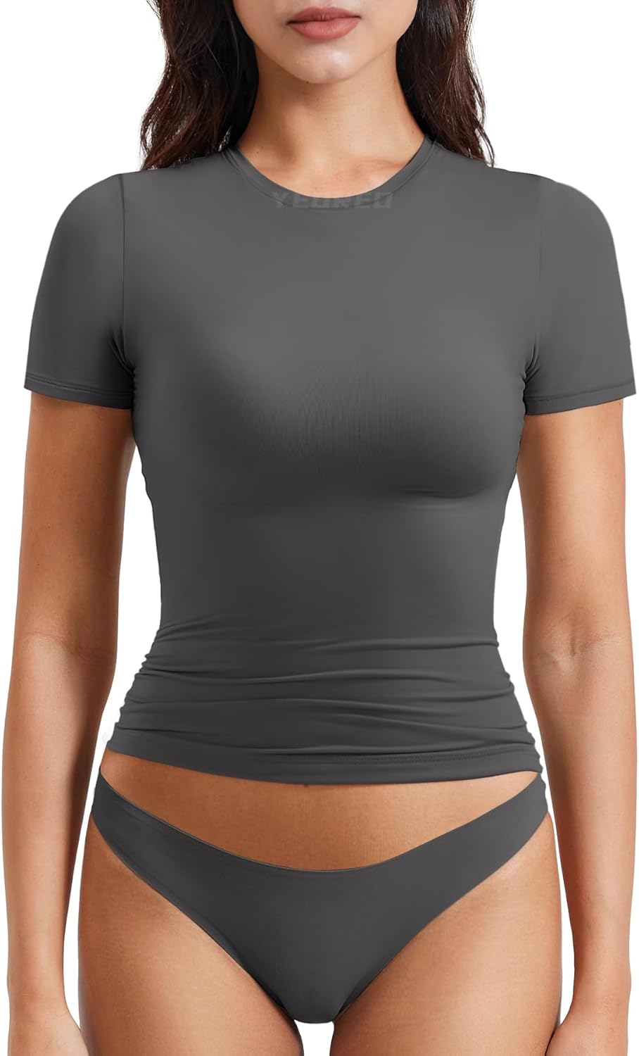 YEOREO Women Fitted Workout Tops Short Sleeve Double Lined Basic Y2K Going Out Crew Neck Compression Crop Top