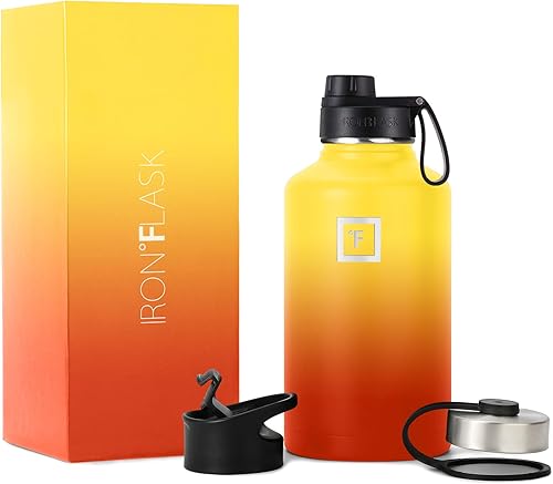 IRON FLASK - Botella deportiva de 14, 18, 22, 32, 40, 64 o 128 onzas, 3 tapas (boquilla), acero inoxidable aislado al vacío, doble pared moderna,