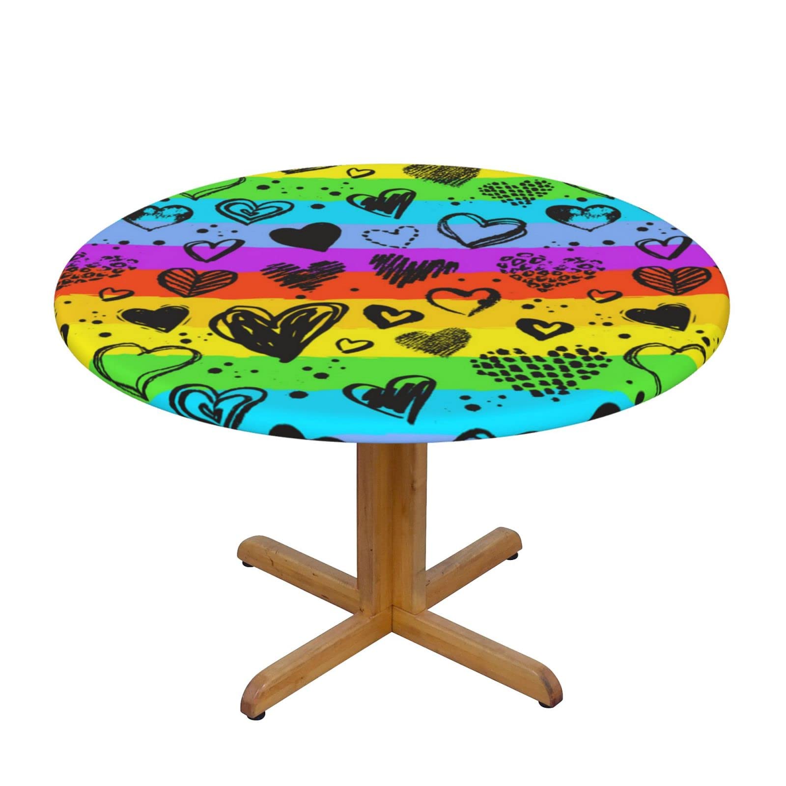 Lsjuee Round Fitted Tablecloth 40-44in Elastic Edged Table Cloth for Kitchen Dining Party Home Decor - Rainbow Stripes Love