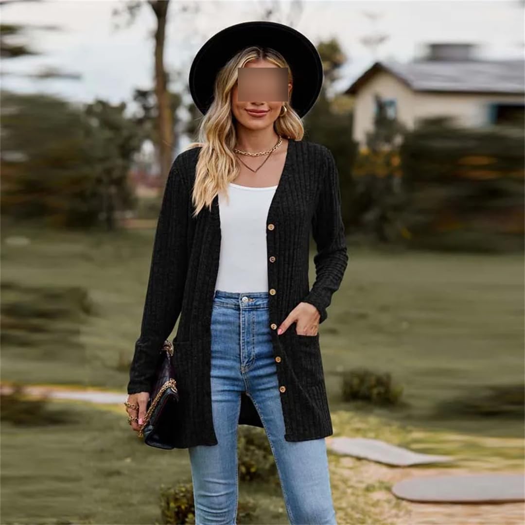 Chaqueta de punto de otoño para mujer, manga larga, a rayas, color sólido, botones para ropa de mujer de moda