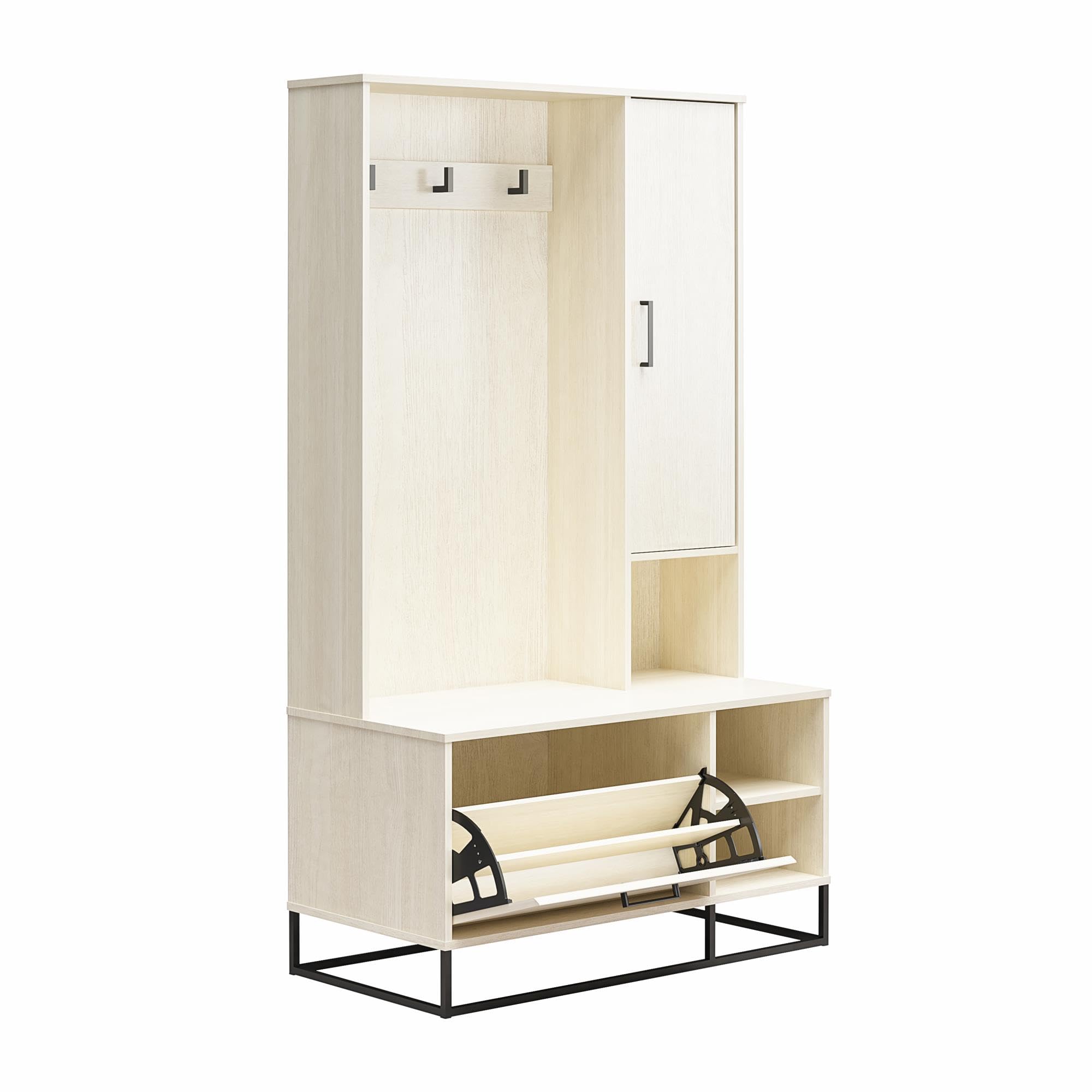 トコ Novogratz Kelly Hall Tree with Bench and Shoe Storage, Ivory Oak