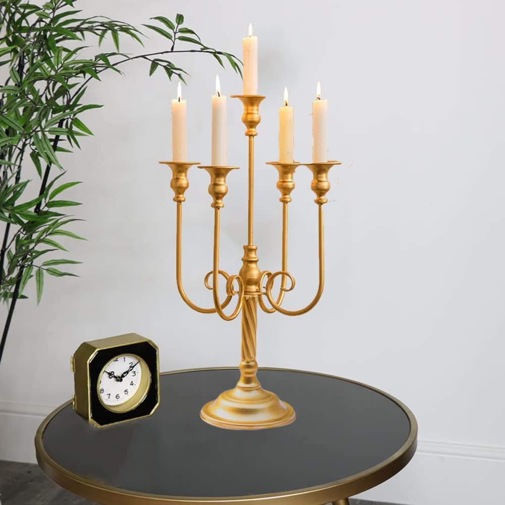 Candelabro de metal dorado para velas de 20 pulgadas de alto, 5 velas para velas cónicas, portavelas para centro de mesa de boda, Navidad, San Valentín, vacaciones, fiesta, evento, decoración de 8