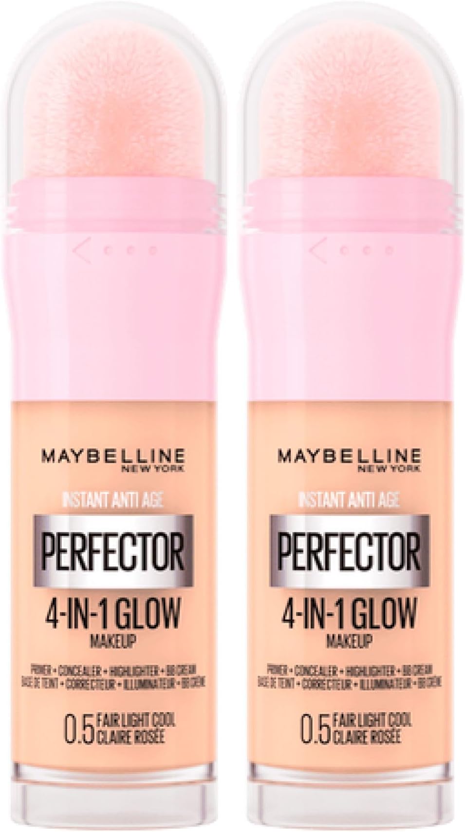 Maybelline New York Instant Age Perfector Glow 4-in-1 Concealer BB Cream Highlighter Primer Colour 0.5 Fair Light Cool with Sponge for Application - 2 Bottles of 20ml