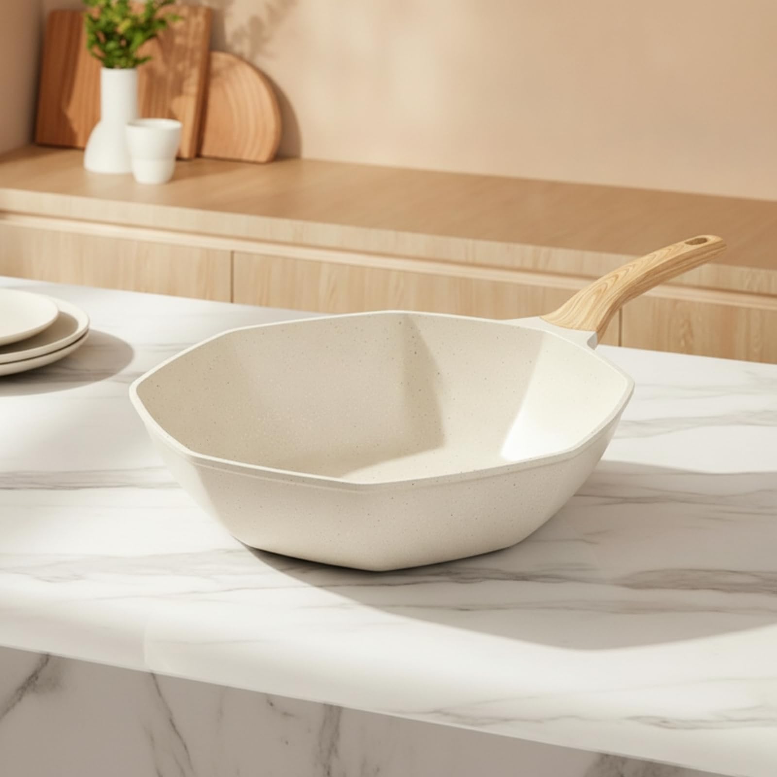 Wok Ottagonale con Rivestimento in Pietra Rivestimento in Pietra Adatto a tutti le Piastre Cottura Wok con Manico Legno Spazioso Pentola, 32CM A